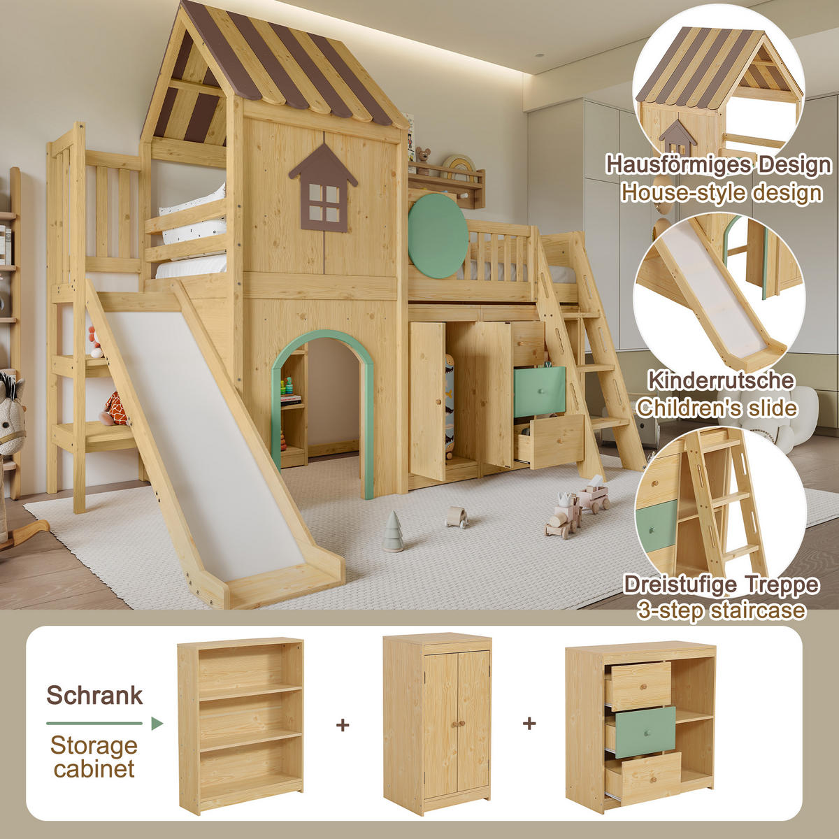 HOCHBETT 90/200 cm in Natur & Grün mit Rutsche, Treppe und Stauraum - Naturfarben, Holz/Holzwerkstoff (90/200cm) - WISHDOR