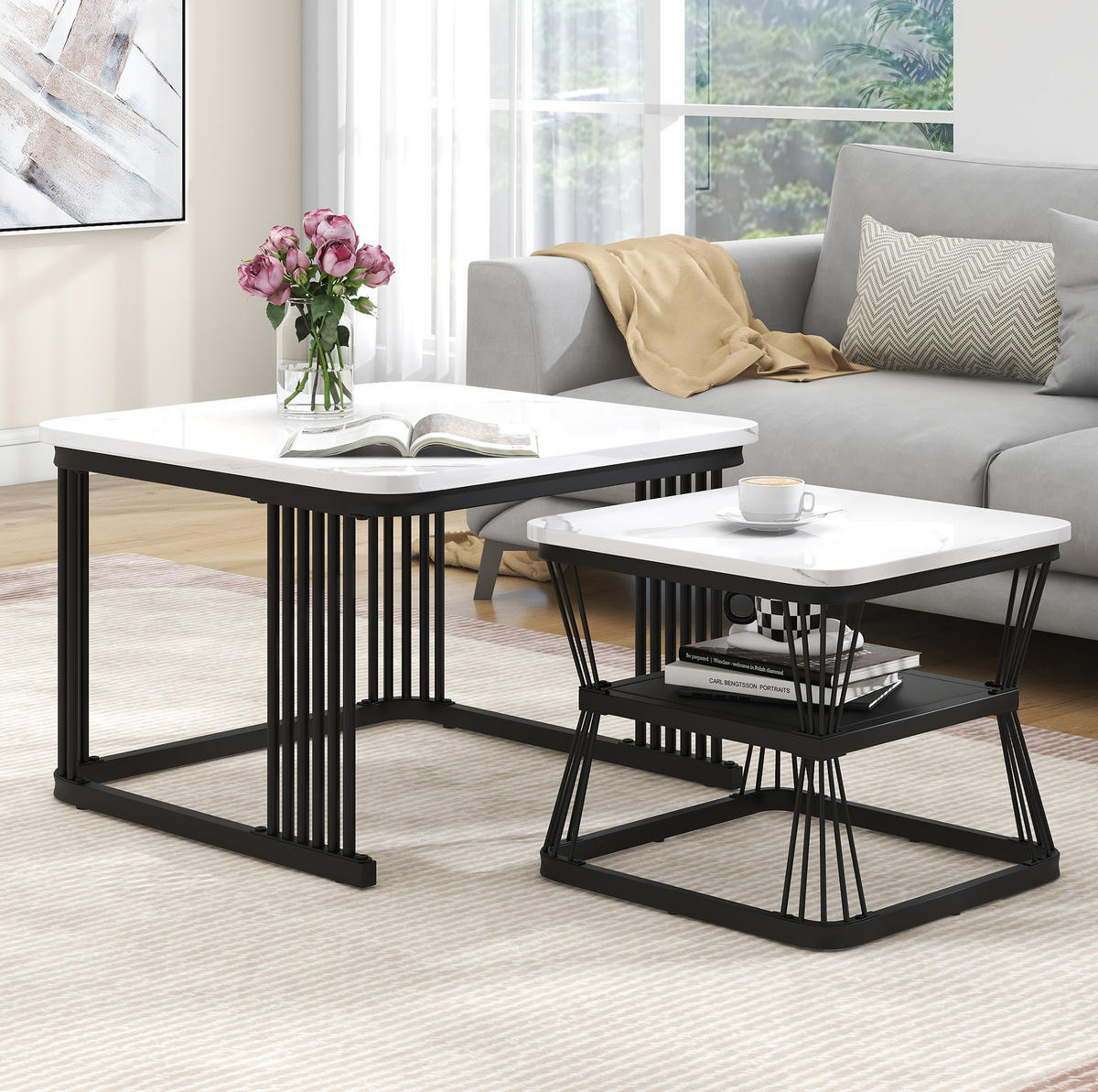 COUCHTISCH-SET aus MDF 65x65x45 cm Weiß in Marmoroptik mit schwarzen Stahlbeinen - Weiß, Holzwerkstoff (65/65/45cm) - IVMEU