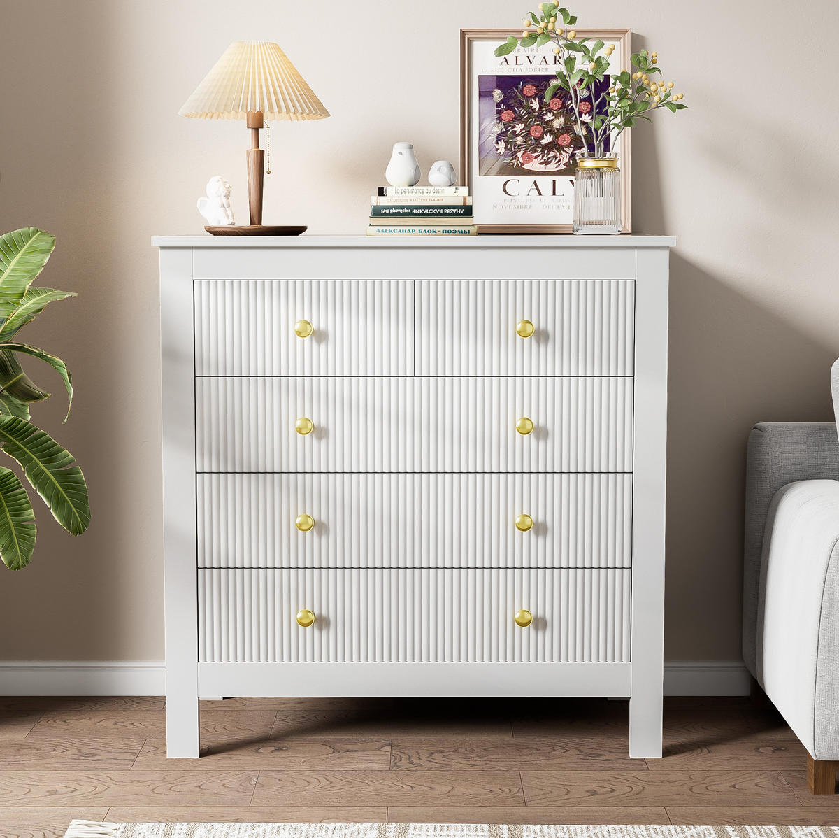 KOMMODE aus Spanplatte 79x80,5x39,5 cm Weiß mit 5 Schubladen und goldfarbenen Griffen - Weiß, Holzwerkstoff (80.5/80.5/39.5cm) - IVMEU