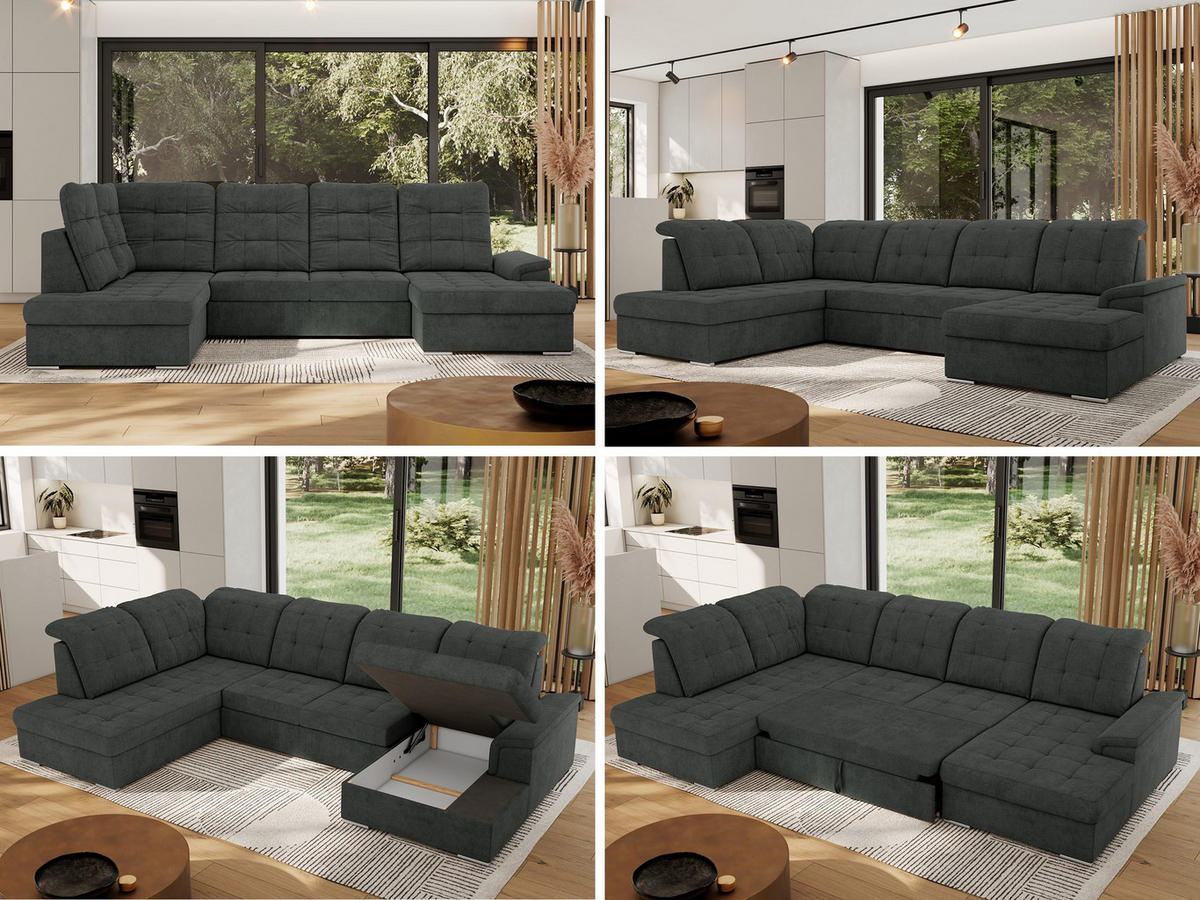 WOHNLANDSCHAFT MADRITO U - Dunkelgrau Struktur - Links - Dunkelgrau/Silberfarben, Textil/Metall (204/89/323cm) - MKS