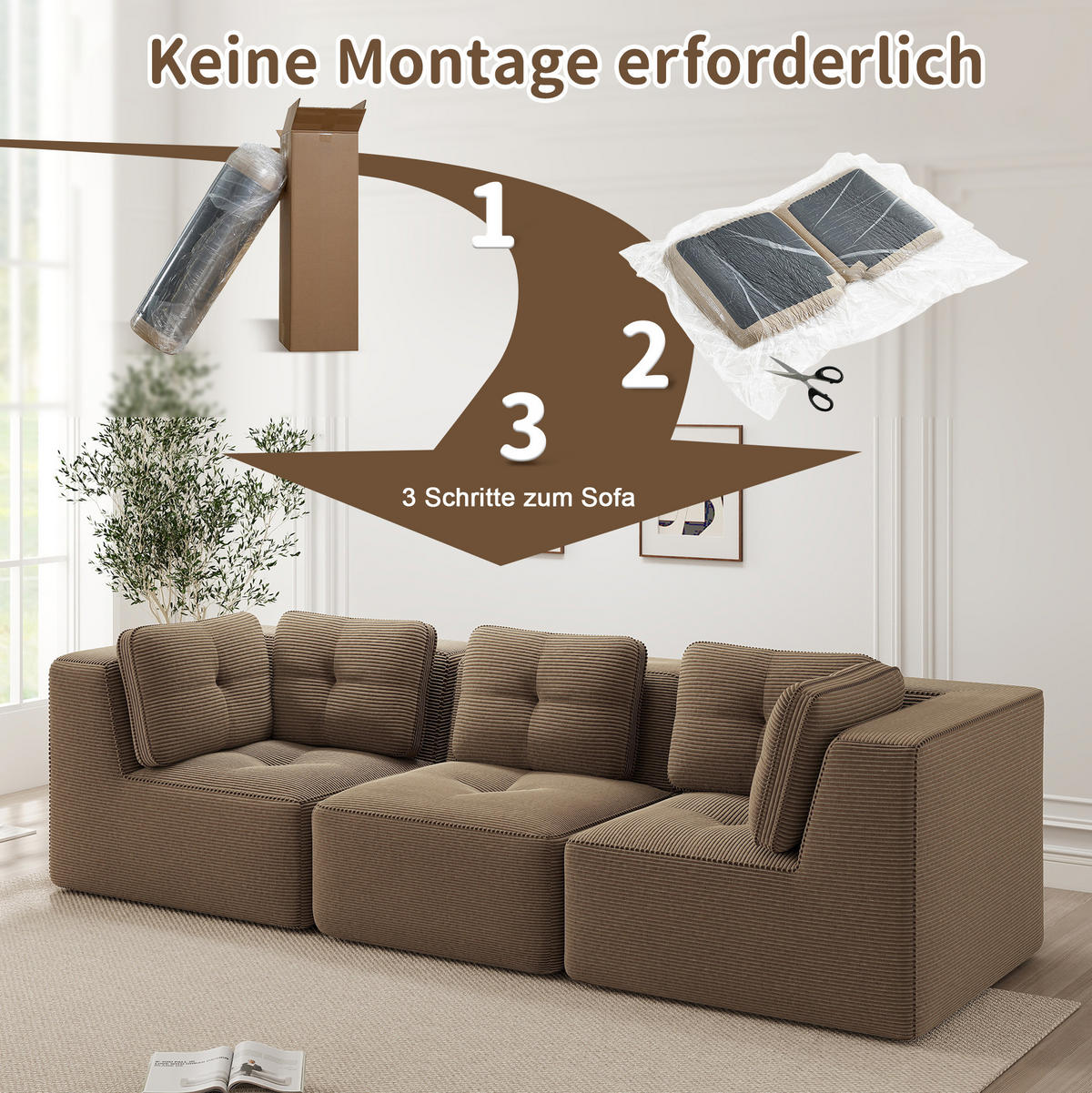 ECKSOFA 297/104/69 cm braun aus Cord mit modularem Design und tiefer Sitzfläche - Braun, Textil (104/297cm) - OKWISH