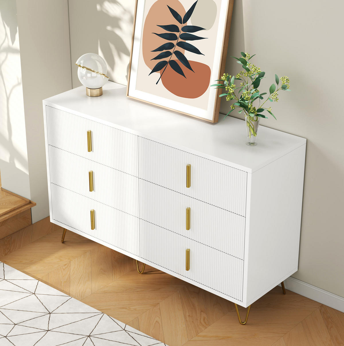 SIDEBOARD 120/77/40 cm Weiß/Gold aus Spanplatte mit 6 Schubladen - Weiß, Holzwerkstoff (40/77/120cm) - OKMYHOME