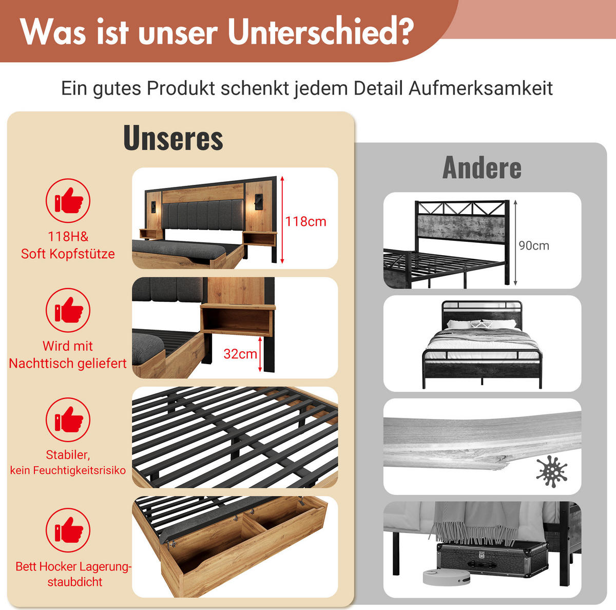 POLSTERBETT 160/200 cm Eiche aus Metall und Holz mit Leselicht und Bank - Eichefarben, Metall (160/200cm) - OKWISH