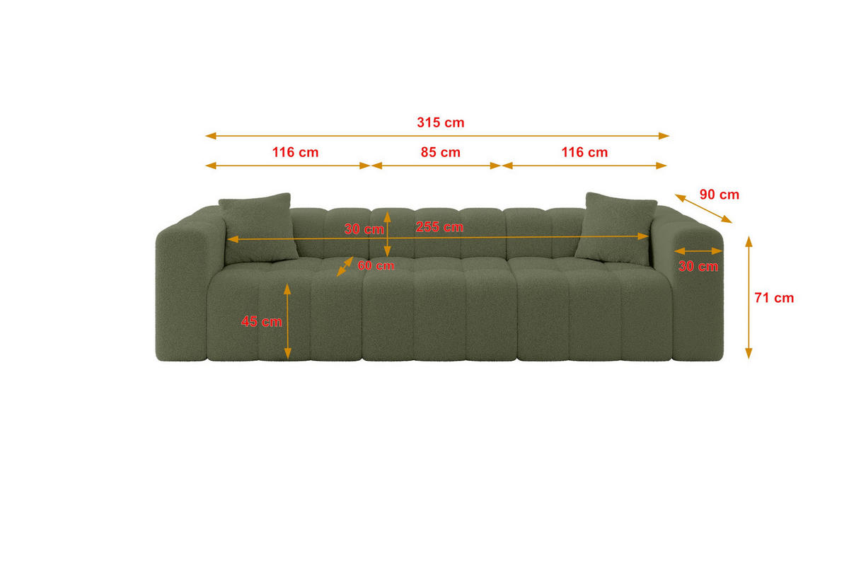 POHOVKA 3-MÍSTNÁ DONY-3 315x90x71 cm Zelená Buklé - černá/zelená barva, kompozitní dřevo/textil (315/71/90cm) - ALTDECOR