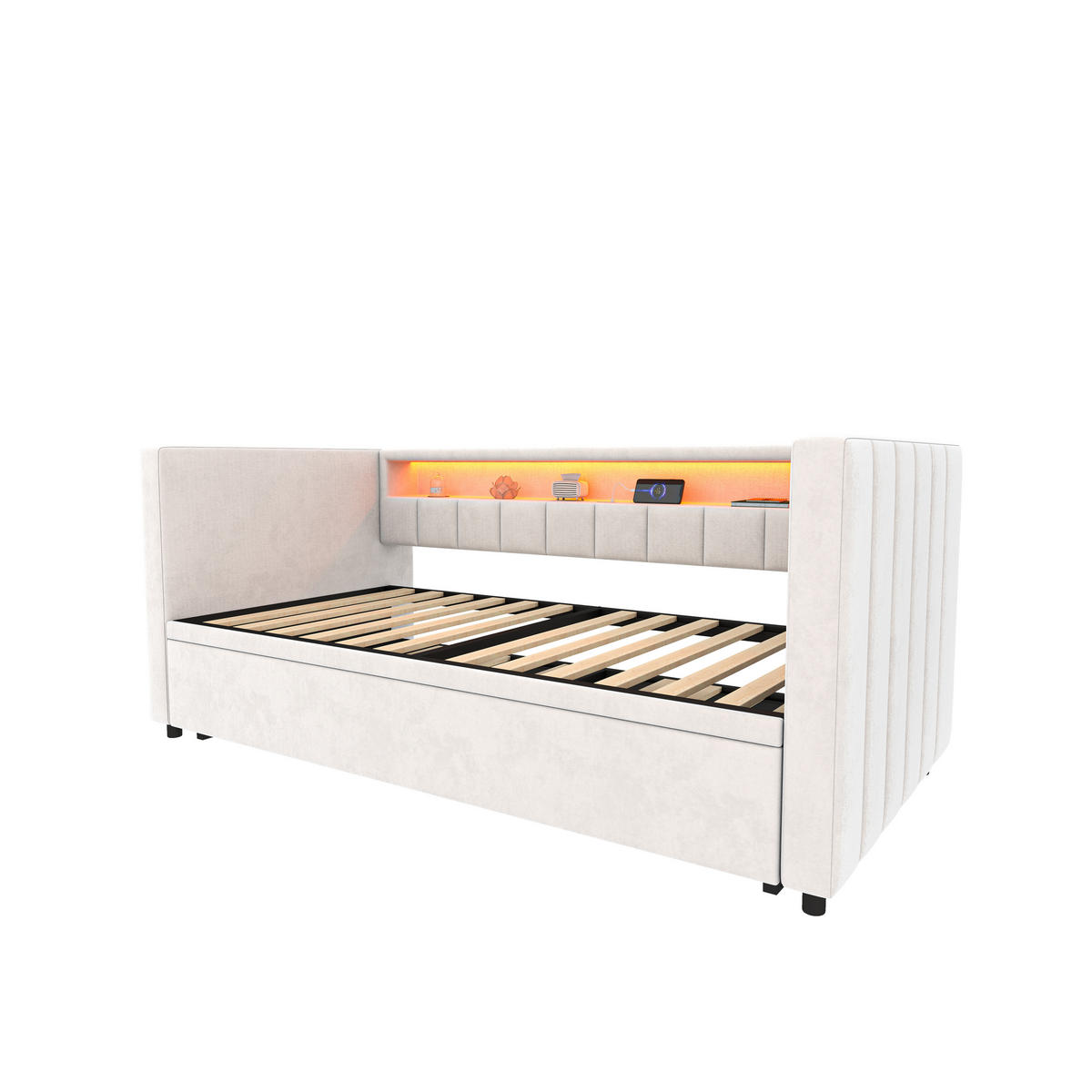 BETT 90/190 cm mit ausziehbarem Bett & USB-Type-C-Anschluss und LED-Beleuchtung Samt Beige - Beige, Textil (90/190cm) - OKWISH