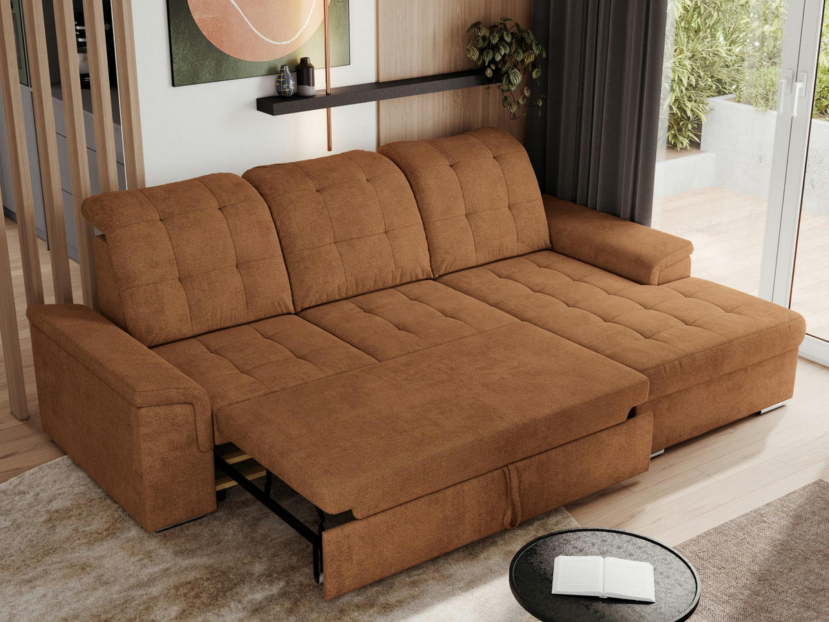 ECKSOFA MADRITO L - Orange Struktur - Rechts - Silberfarben/Orange, Textil/Metall (256/160cm)
