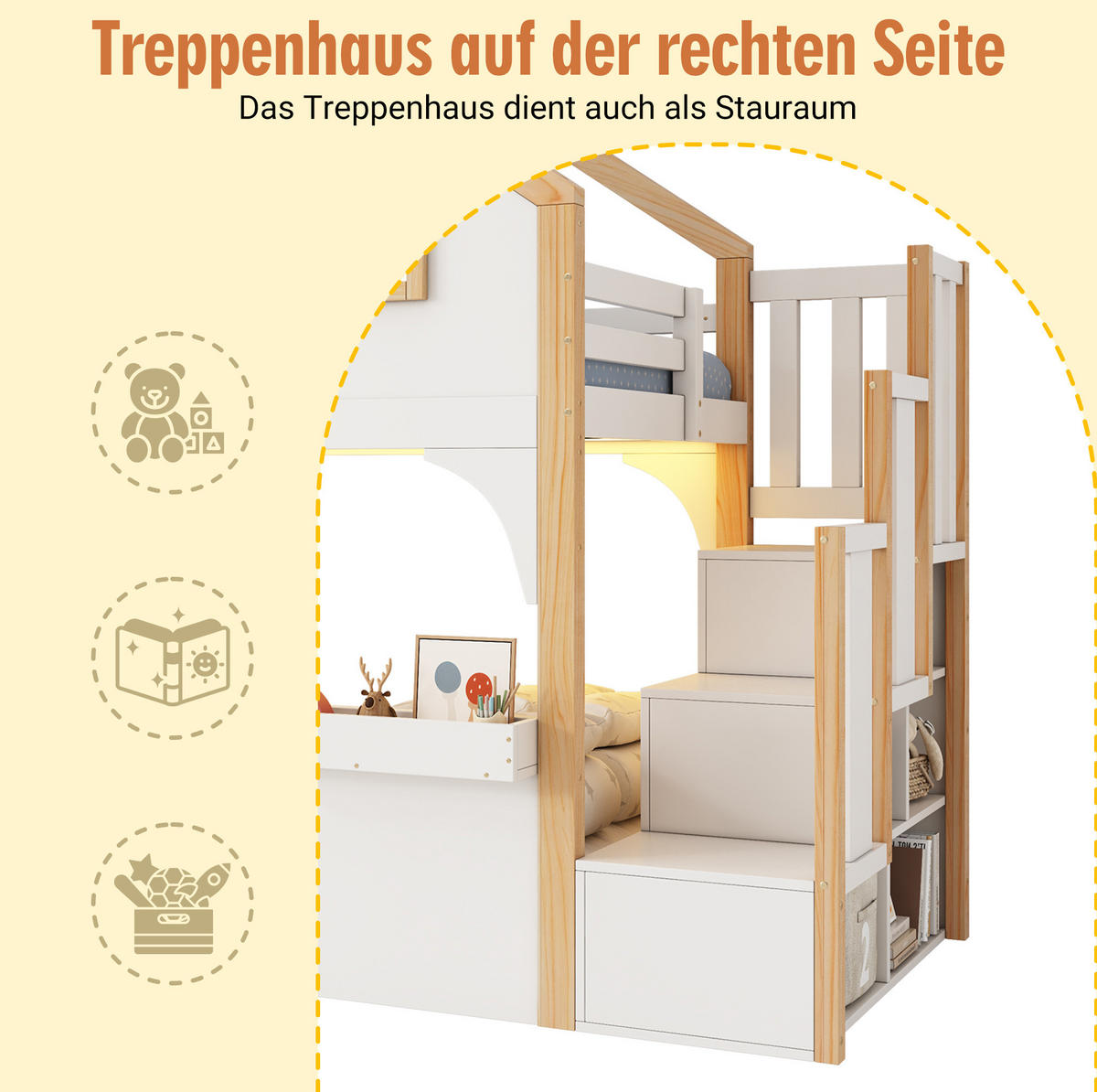 HOCHBETT 90 x 200 cm Weiß mit LED und Stauraumtreppe ohne Matratze - Weiß, Holz (90/200cm) - MIVRAY