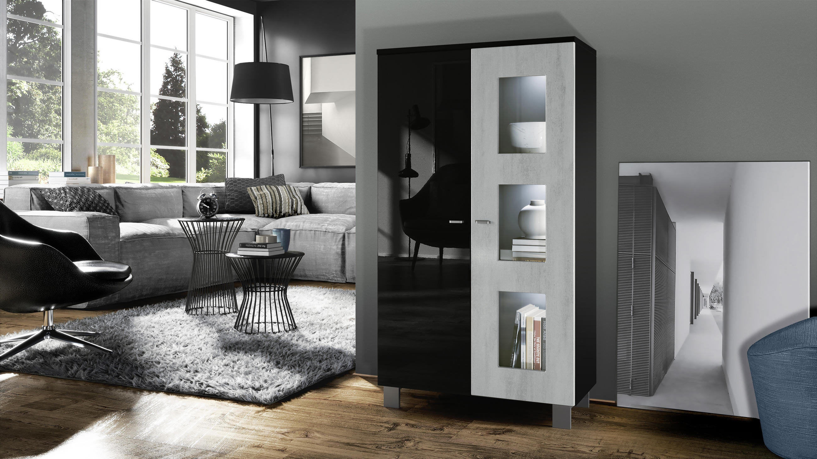 Thumbnail - Vladon Vitrine, Hellgrau, Holzwerkstoff, 71x129x35 cm, Wohnzimmer, Wohnwände, Vitrinenschränke