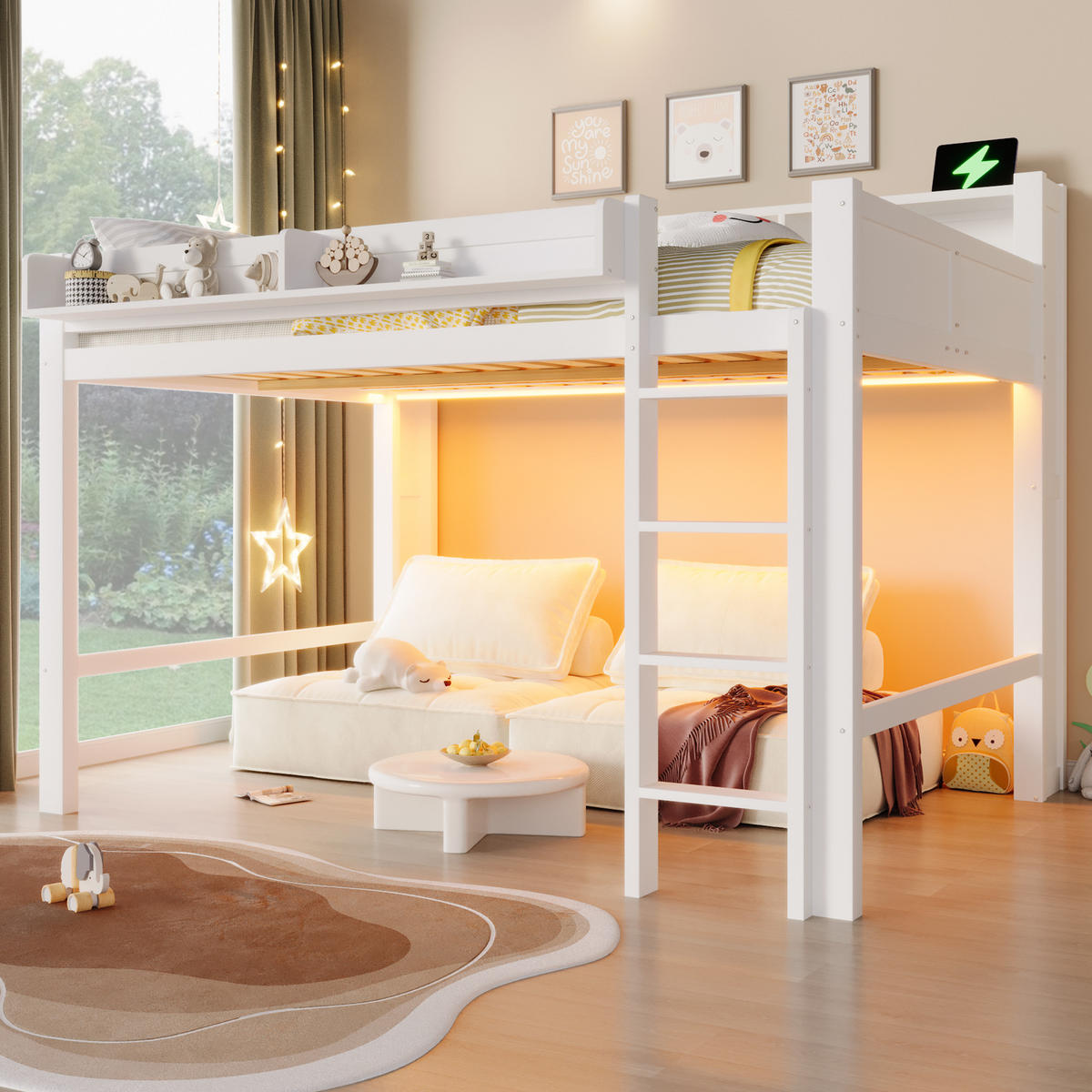 HOCHBETT 140/200 cm in Weiß mit 3 Schränken, LED und USB - Schwarz, Holzwerkstoff (140/200cm) - STILVORA