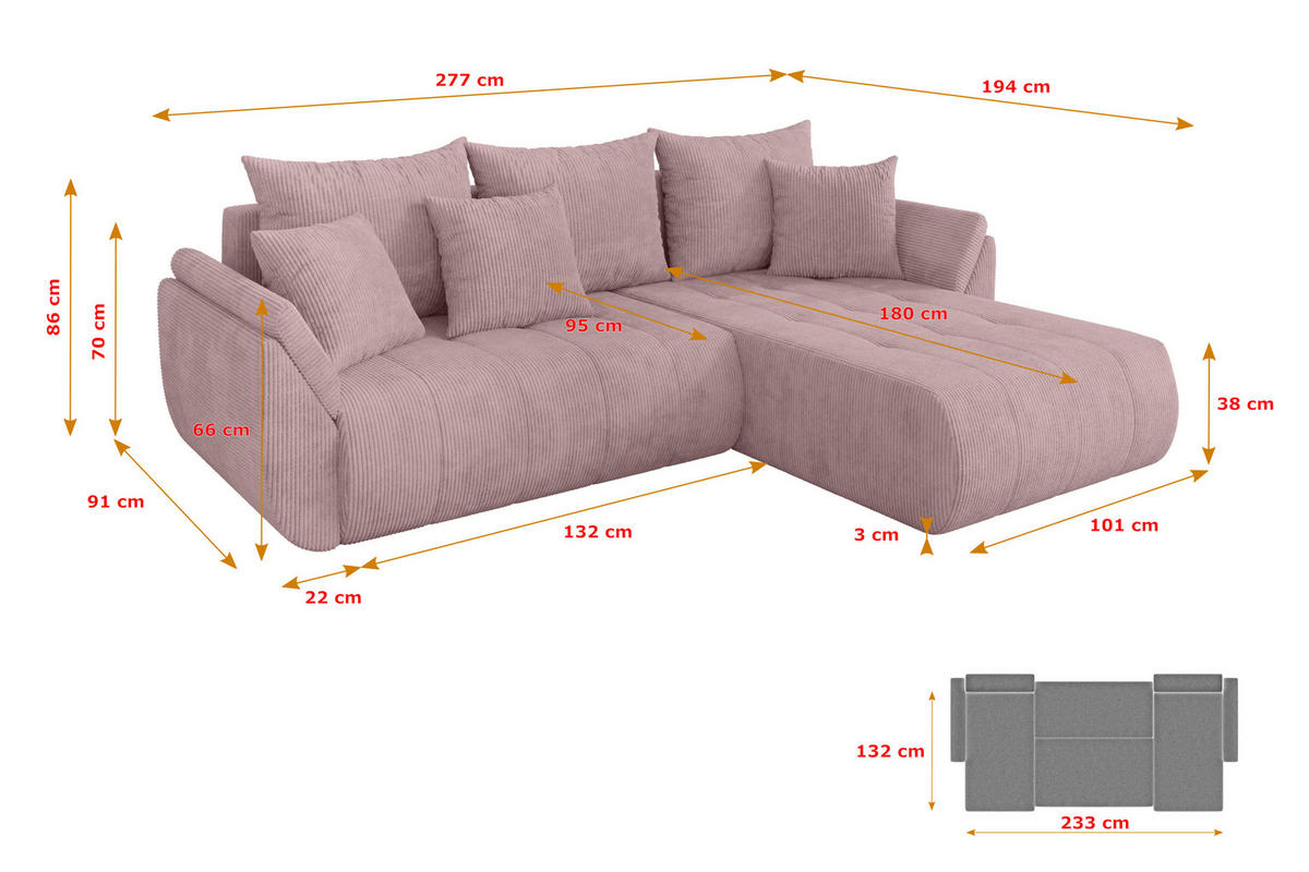 ROHOVÁ SEDAČKA s funkcí spaní, otoman vpravo TOKO-L 277x194x86 růžová manšestr - růžová/černá, kompozitní dřevo/textil (277/194cm) - ALTDECOR