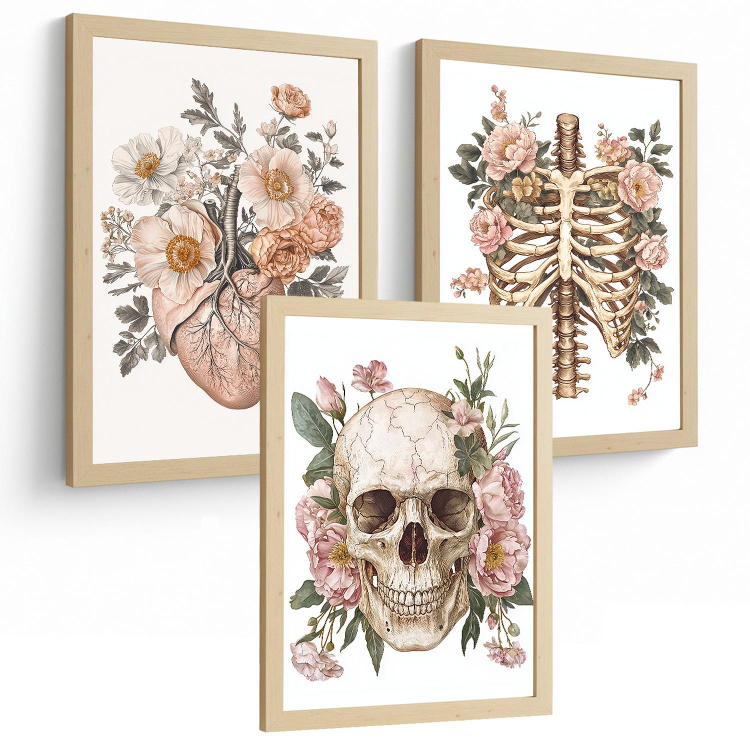 POSTER Set aus 3 Anatomie Mensch Florale Drucke und Wandbilder mit Herz Schädel und Brustkorb Weicher Vintage Stil Wanddekoration Größe Rahmenlos A4 - Klar, Papier (21/29.7/3cm) - Nacnic