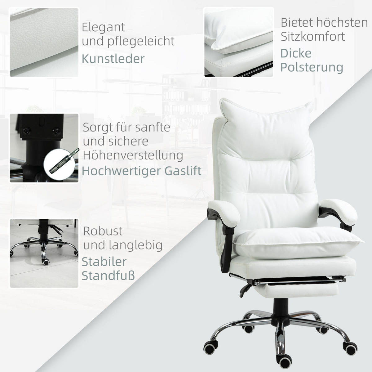 DREHSTUHL 66/72/122-130 cm weiß aus Metall mit Kunstleder, Liegefunktion und Fußstütze - Weiß, Metall (72/130/66cm) - OKWISH