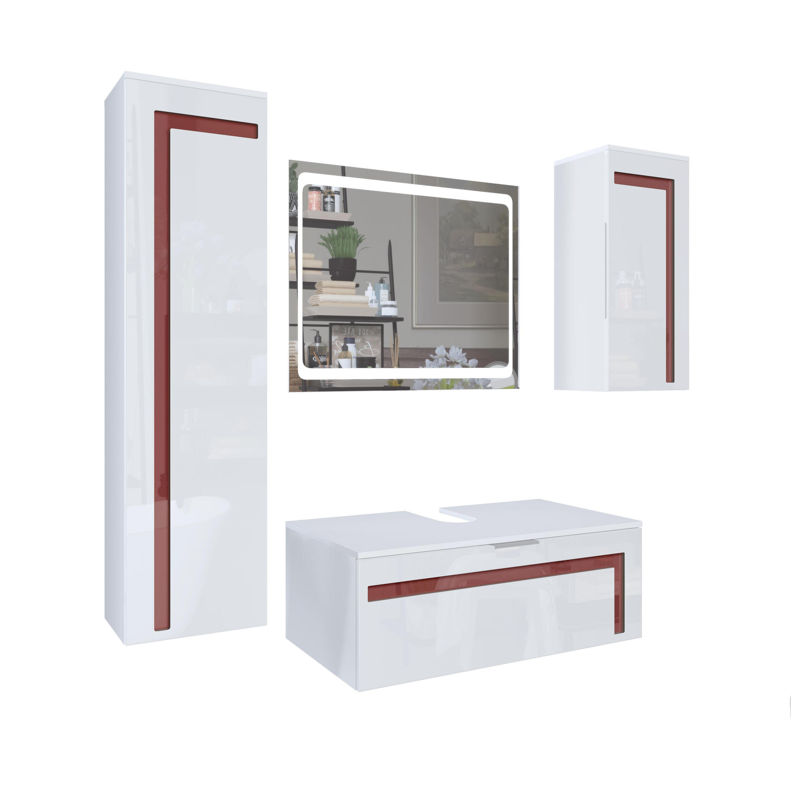 BADMÖBELSET Aloha Absetzungen in Bordeaux Hochglanz - Bordeaux, Holzwerkstoff (200/193/51cm) - Vladon