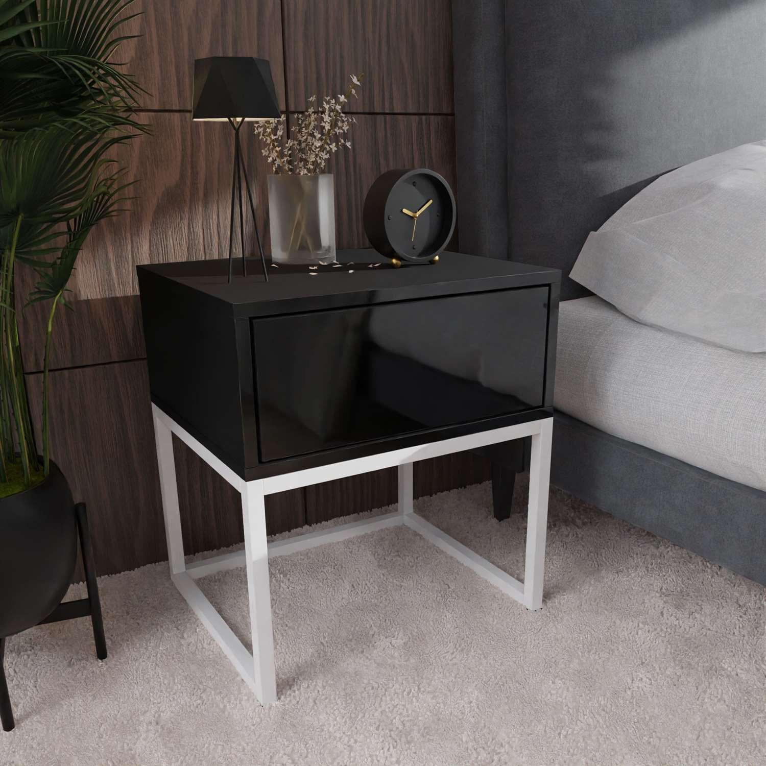 NACHTTISCH BLANCO LOFT Schwarz Hochglanz auf weißem Gestell PUSH OPEN - Schwarz Hochglanz, Holzwerkstoff (45/53/37cm) - Lookway