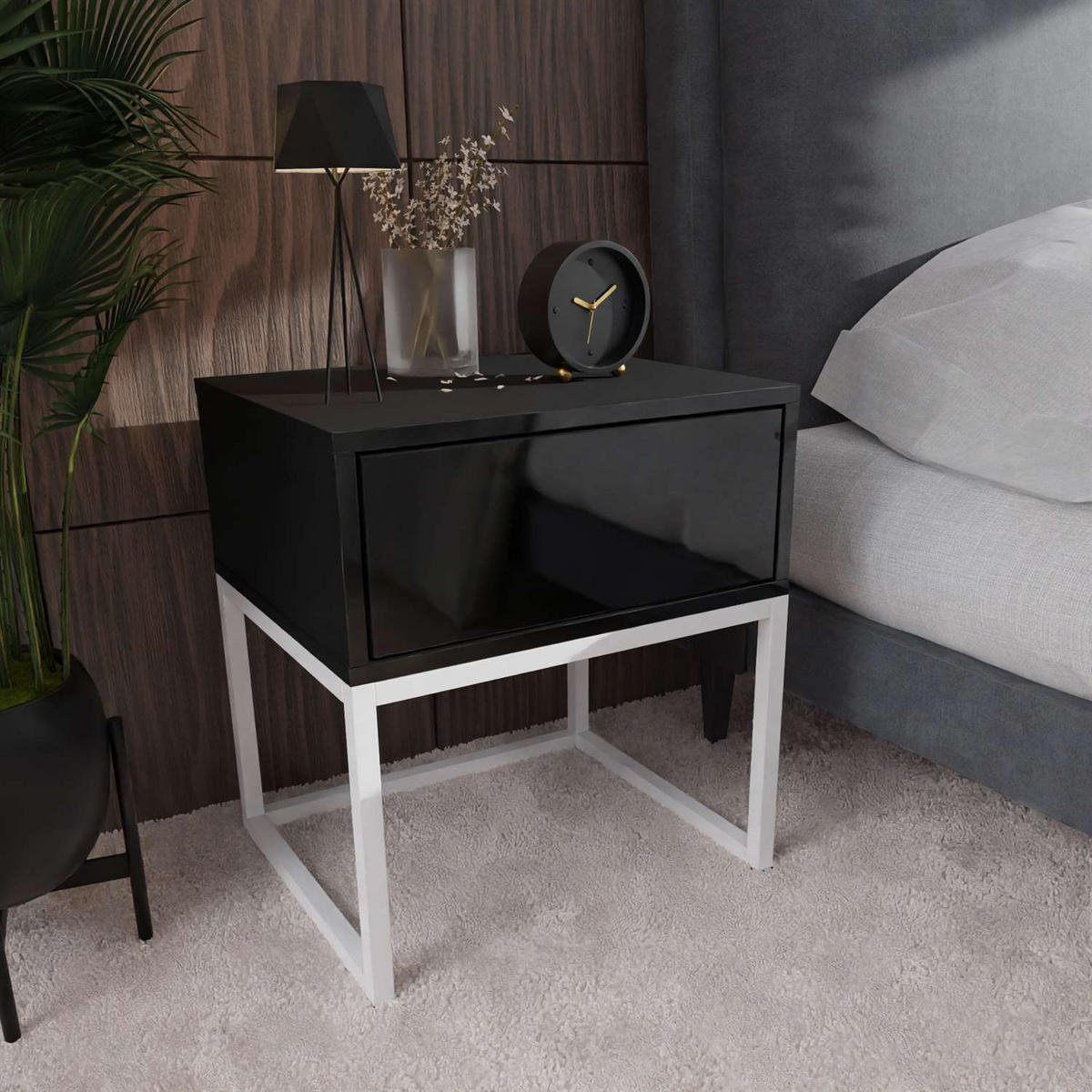 NACHTTISCH BLANCO LOFT Schwarz Hochglanz auf weißem Gestell PUSH OPEN - Schwarz Hochglanz, Holzwerkstoff (45/53/37cm) - Lookway