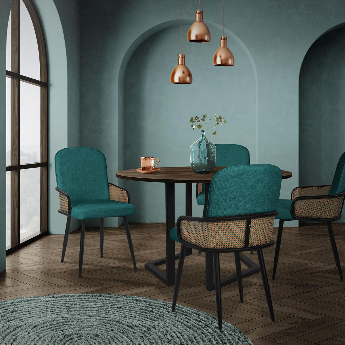 ESSZIMMERSTÜHLE 6er Set Petrol mit Stoffbezug Rattan Optik - Petrol/Schwarz, Naturmaterialien/Textil (51/91/61cm) - ML-DESIGN