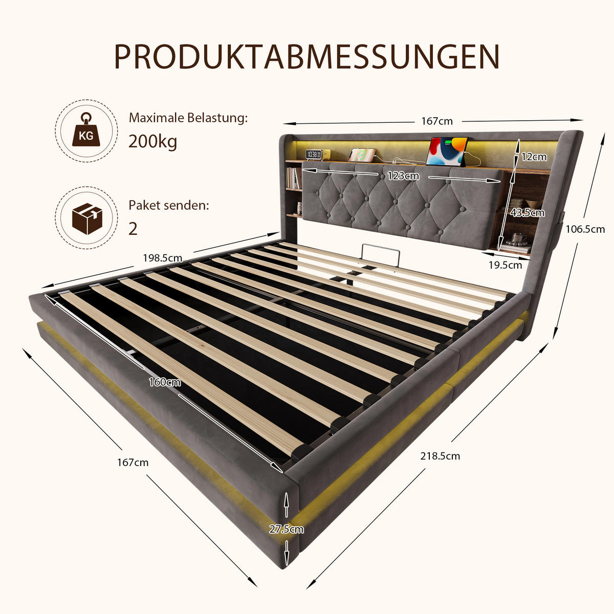 BOXBETT 160/200 mit LED/USB, Kopfteil-Regal & Hydraulik, Samt, Dunkelgrau - Dunkelgrau, Holz (160/200cm) - LVHOM