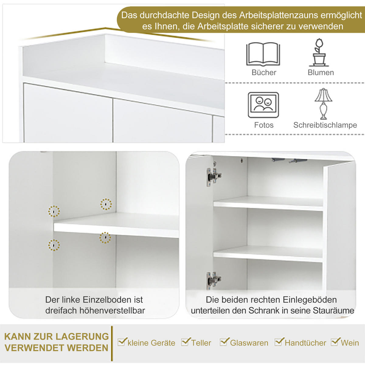 SIDEBOARD in Weiß Anrichte mit 4 Türen für Esszimmer, Küche und Wohnzimmer, B120/T30/H80 cm - Goldfarben/Weiß, Holzwerkstoff/Metall (120/80/30cm) - STILVORA