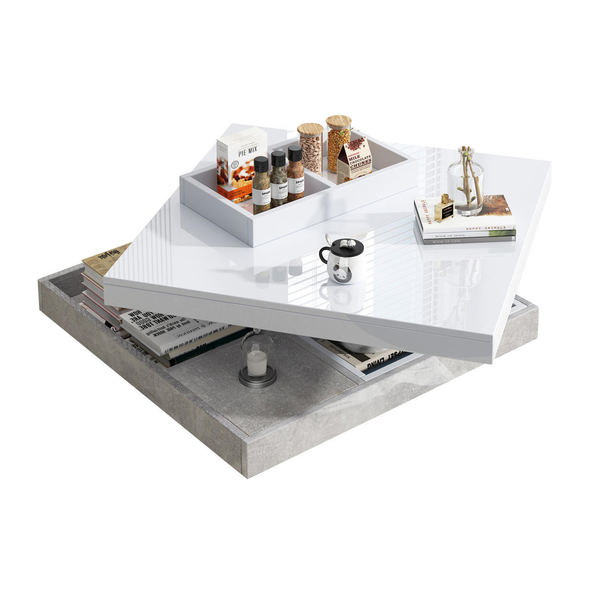 COUCHTISCH 70/70 cm mit 360° drehbarer Platte und Ablagefach - Weiß, Holzwerkstoff (70/70/36cm) - BEAOK