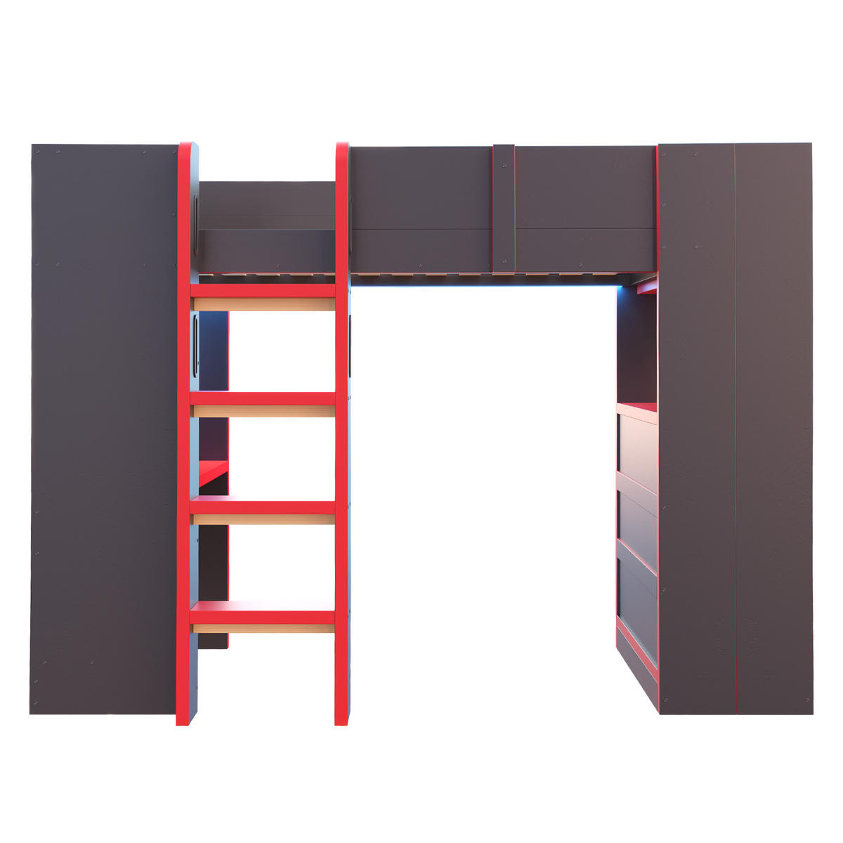 HOCHBETT 90/200 cm mit Schreibtisch, LED und Steckdose, DE-41602, in Schwarz/Rot - Schwarz, Holzwerkstoff (90/200cm) - ComfortXL