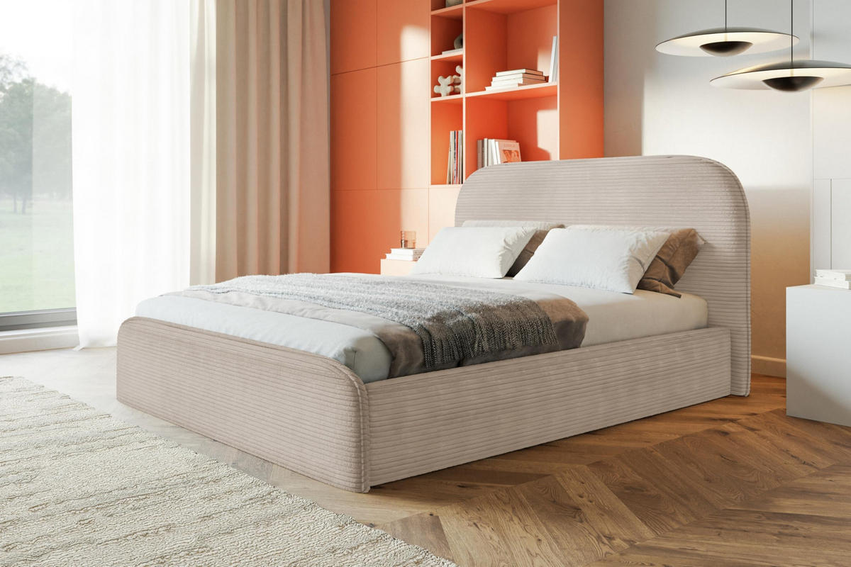 BETT 90x200 - Polsterbett mit Bettkasten und Holzrahmen - Modern Betten - Hochwertiger Poso-Stoff - Kollektion Vienna - Beige - Beige, Holz/Textil (90/200cm) - Alpi-Möbel