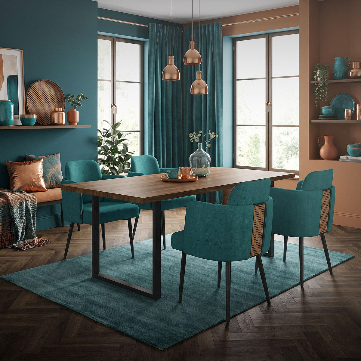 ESSZIMMERSTÜHLE 2er Set Petrol mit Stoffbezug Rattan Optik - Petrol/Schwarz, Textil/Metall (59/86/59cm) - ML-DESIGN