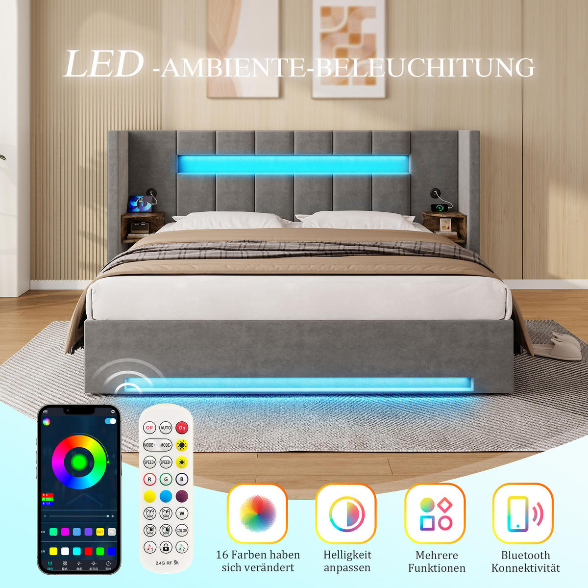 POLSTERBETT 180/200 cm mit USB-Anschlüssen, LED-Beleuchtung, Hydraulik und Stauraum, Dunkelgrau - Dunkelgrau, Textil (180/200cm) - Redom