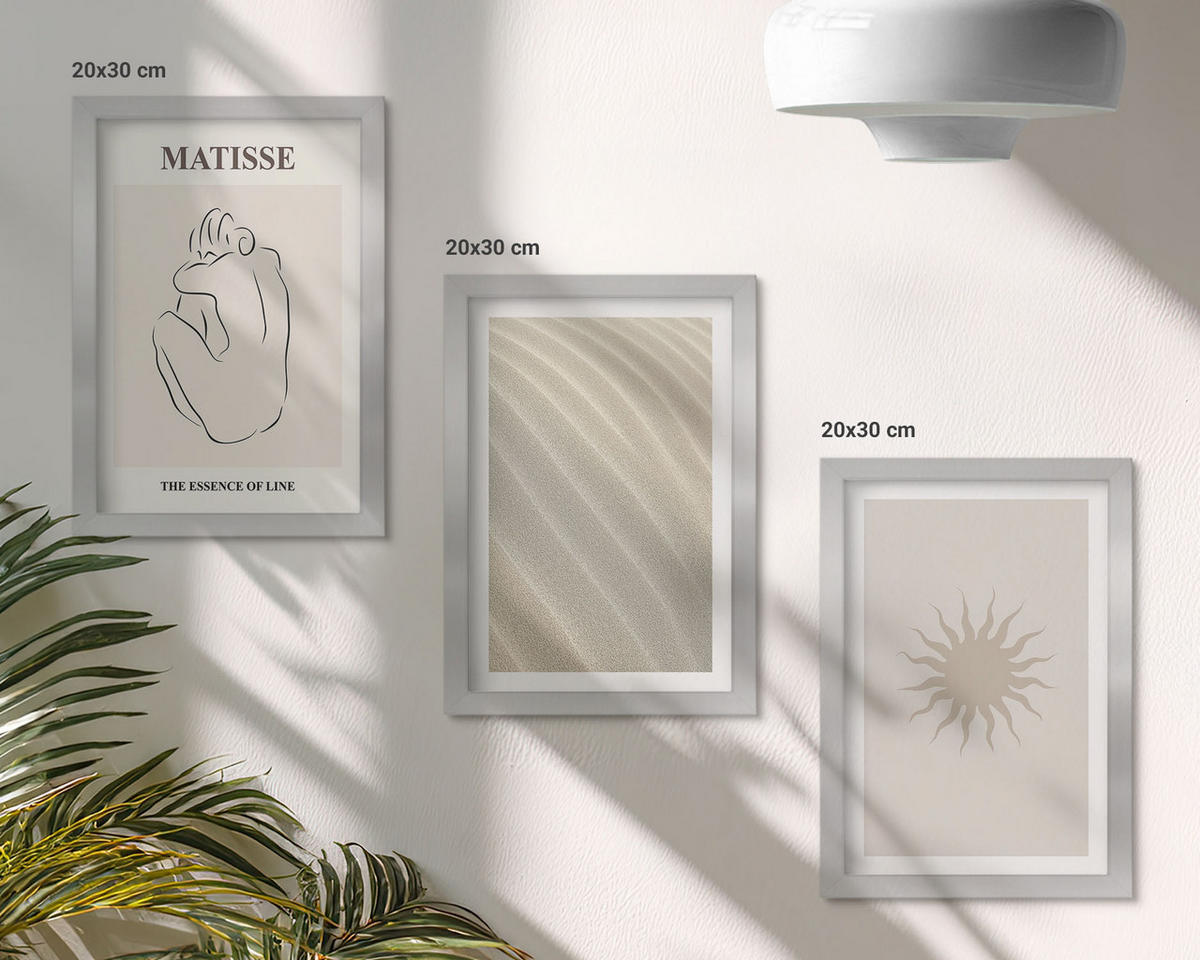 BILDER SET 3er Set - 20x30 cm Silberner Rahmen - Minimalistische Sandlinien Sonne - Silberfarben, Kunststoff (20/30cm) - TULUP