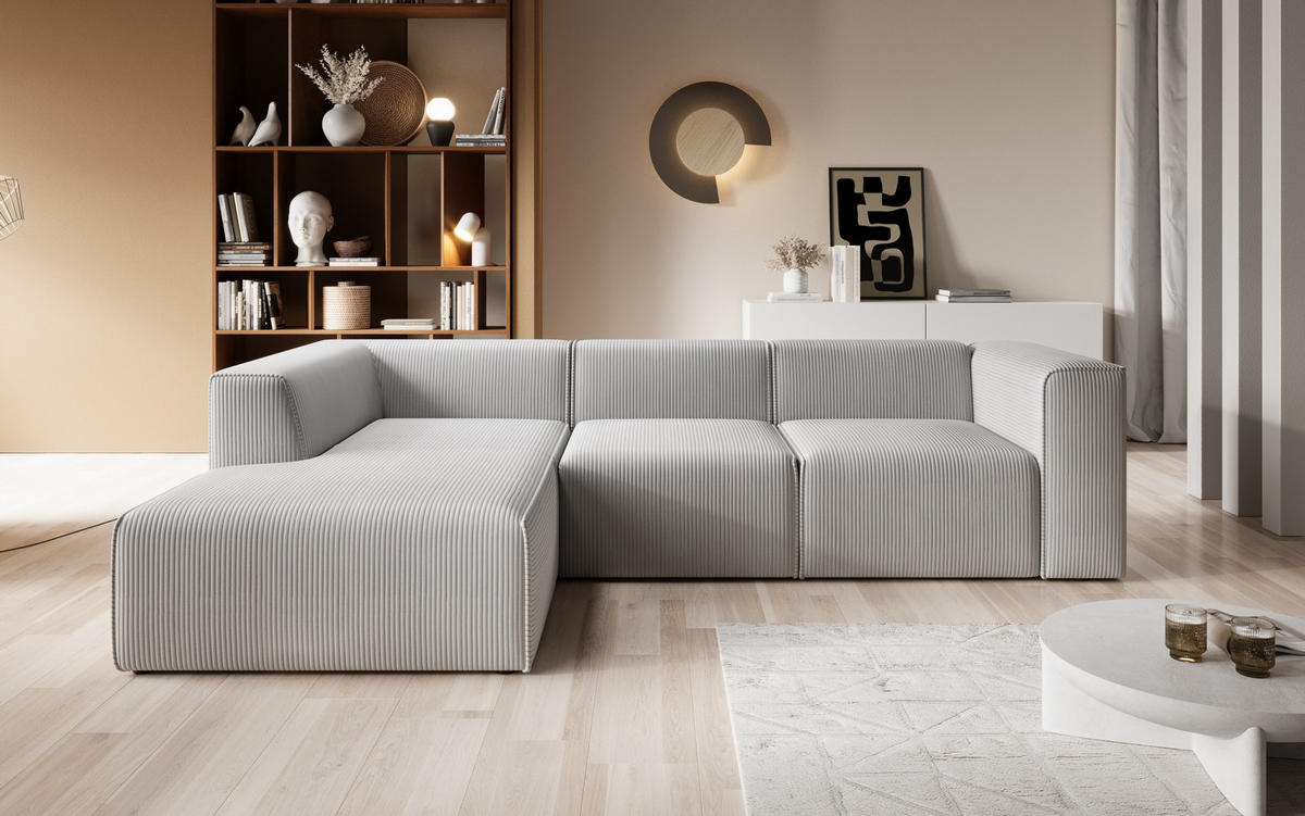 ECKSOFA Fuego Links, Cord-Stoff, 285x72x165 cm, Hellgrau - Hellgrau, Holz (285/165cm) - PROMETO Möbel