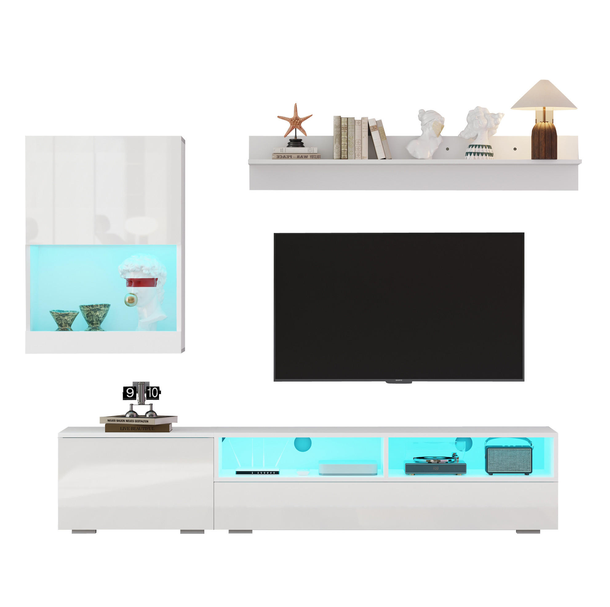 TV-WOHNWAND 3-tlg. 175 cm mit LED Weiß Hochglanz - Weiß, Holzwerkstoff (39/34/175cm) - Beauniv