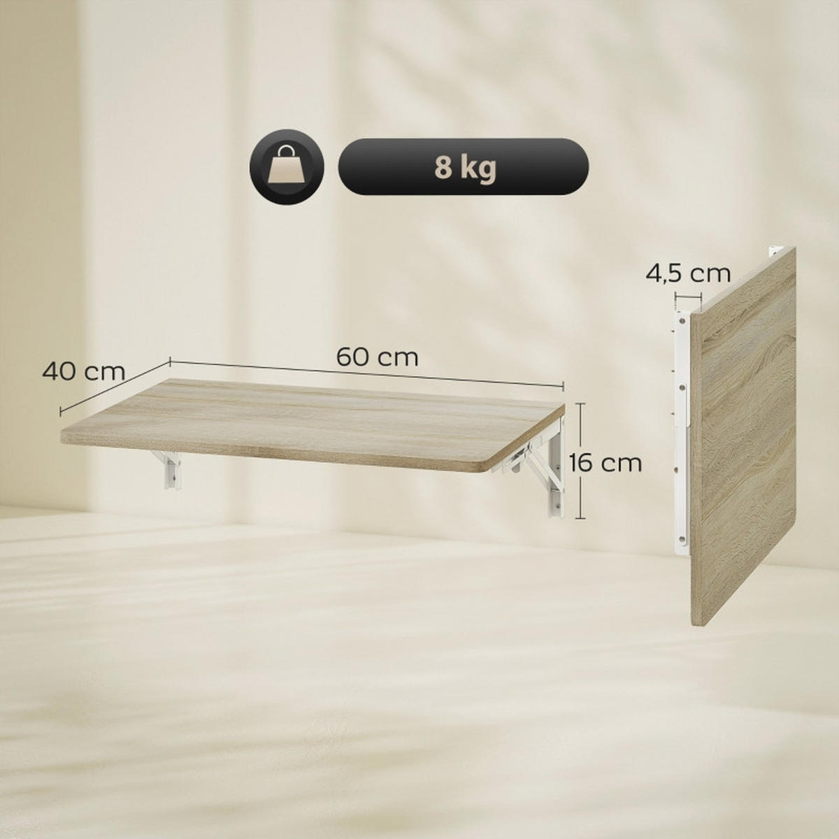 WANDKLAPPTISCH 60/40 cm Eiche mit abgerundeten Ecken platzsparend - Eichefarben, Holzwerkstoff (60/40/16cm) - OKWISH