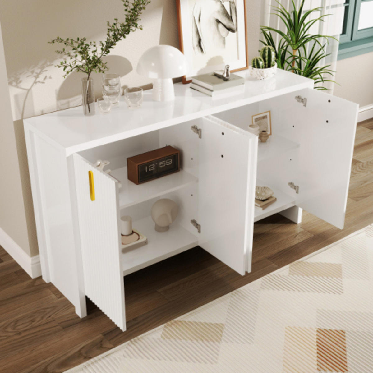 SIDEBOARD Weiß aus Spanplatte mit goldenen Griffen & verstellbaren Einlegeböden 140×38×80 cm - Weiß, Holzwerkstoff (140/80/38cm) - Luhomfu