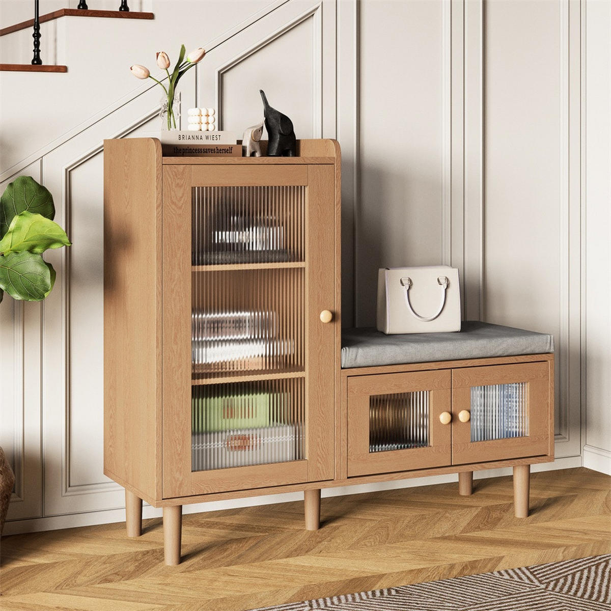 SCHUHSCHRANK mit integrierter Sitzbank - Mehrzweck-Schuhschrank mit geriffelten Glastüren und Sitzkissen - Natur - Nussbaumfarben, Holzwerkstoff (35/69.5/100cm) - DELFA