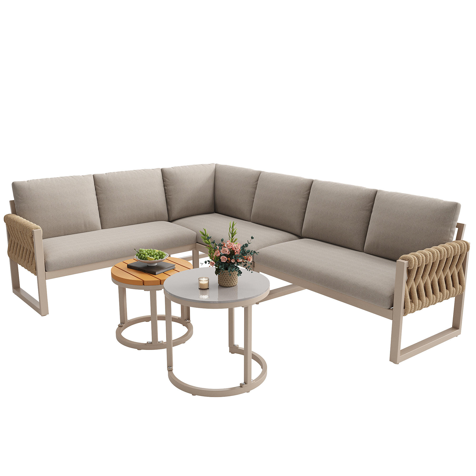 LOUNGE SESTAVA kovová, béžová rohová pohovka se 2 odkládacími stolky - béžová, kov - Urban Meuble