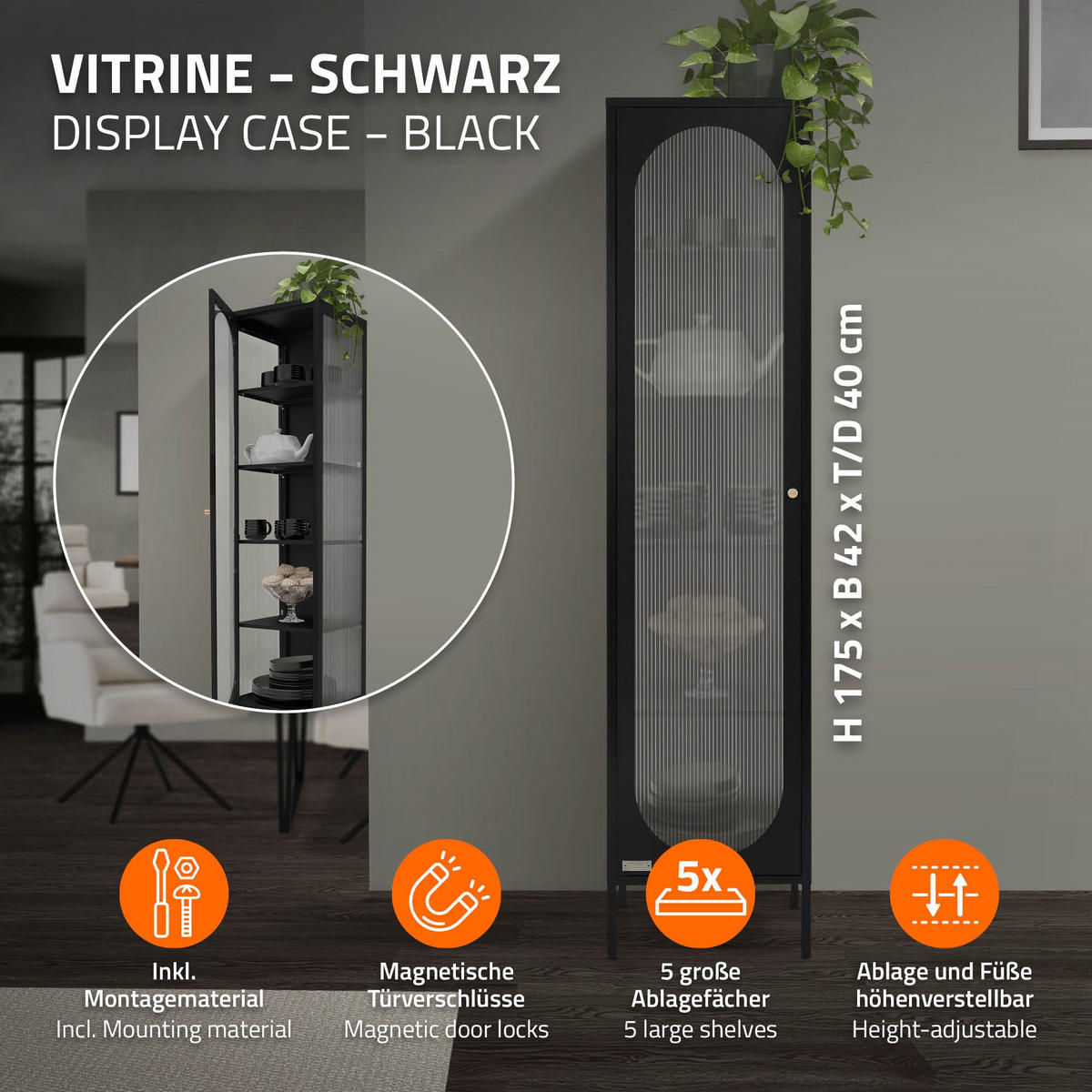 VITRINENSCHRANK Schwarz 175/42,5/40 cm - Schwarz, Metall (42/175/40cm) - ML-DESIGN