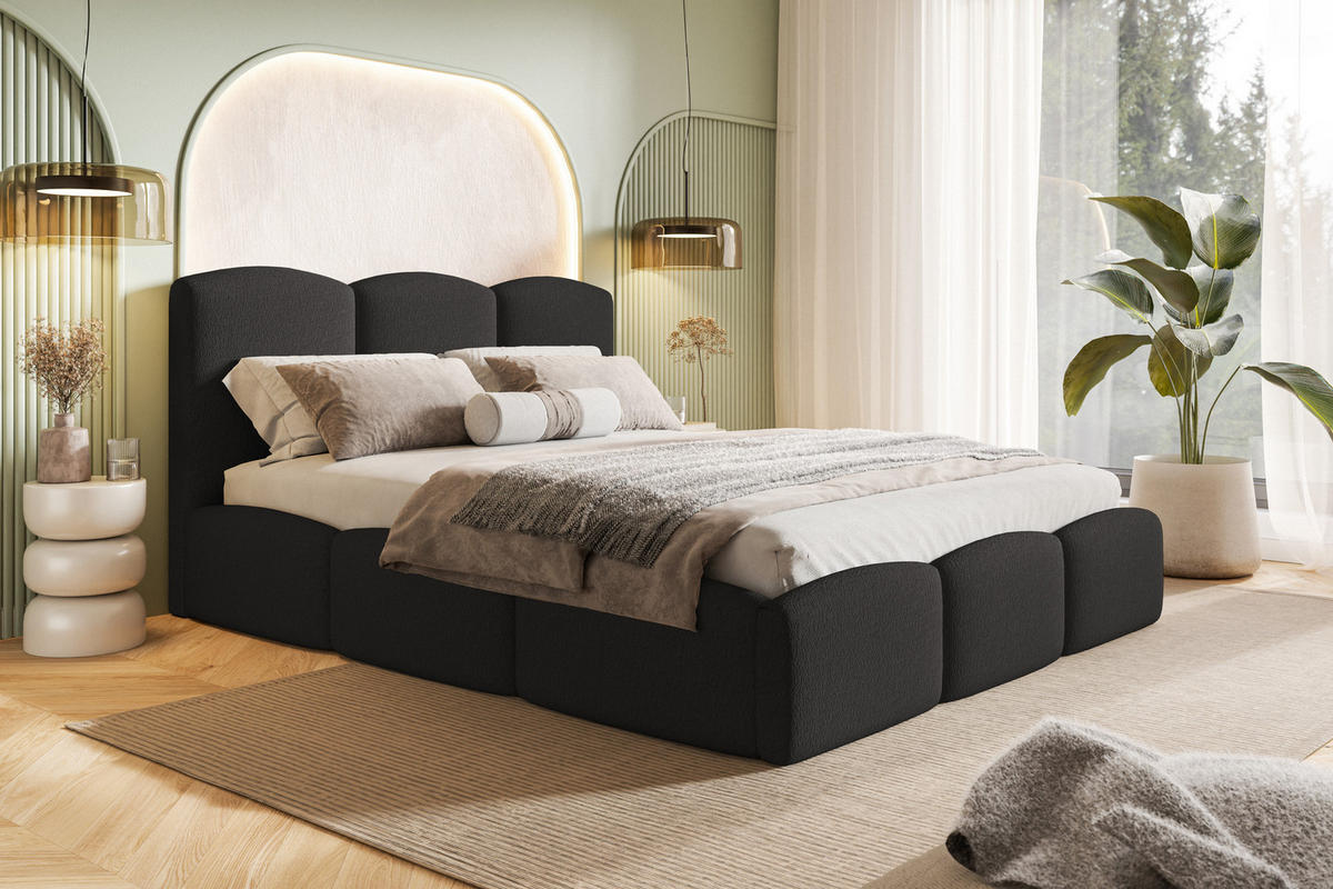 POLSTERBETT 140x200 Roma Slim mit Bettkasten, Lattenrost, Boucle Schwarz - Schwarz, Holz/Textil (140/200cm) - Emporius