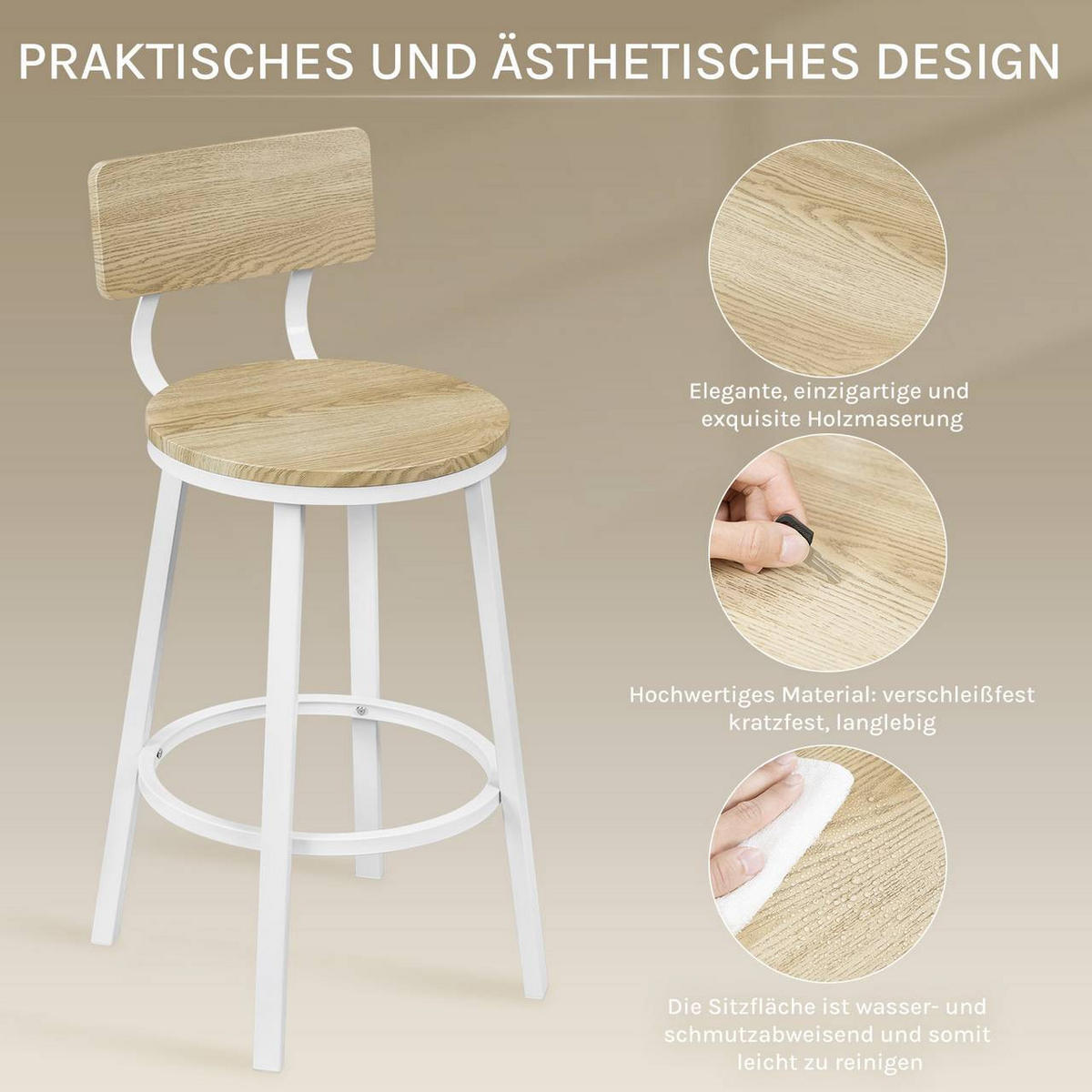 BARHOCKER 2er Set, Metallgestel, Helle Holzoptik - Eichefarben/Weiß, Holzwerkstoff/Metall (51.5/89/51.5cm) - Woltu