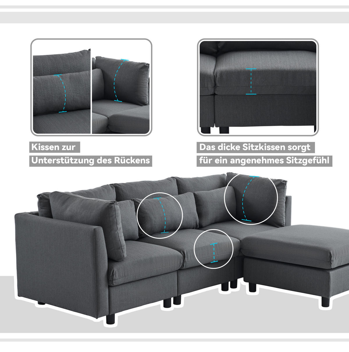 ECKSOFA Leinenstoff mit Fußhocker und Rücken Armlehnenkissen 220/83/81 cm Grau - Grau, Textil (81/83cm) - Redom