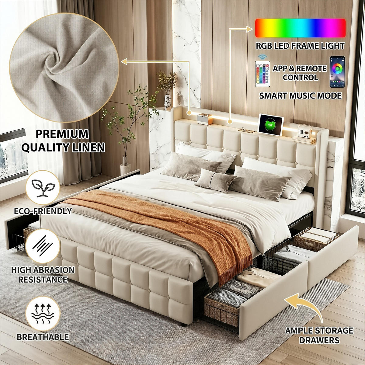 POLSTERBETT Geometrisch 180/200 cm mit 4 Schubladen & LED Leinenoptik Beige - Beige, Textil (180/200cm) - Creahappy