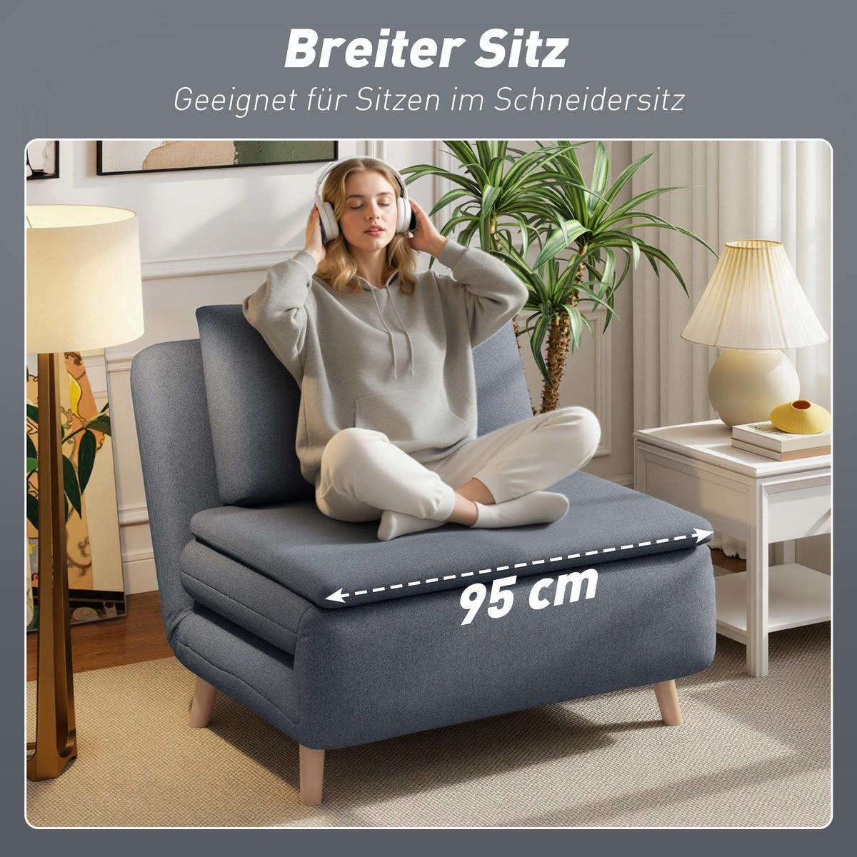 SCHLAFSESSEL 3-in-1 Sessel Bett-Funktion , verstellbare Rückenlehne - Buchefarben/Grau, Buchenholz/Textil (90/80/95cm) - HOMCOM