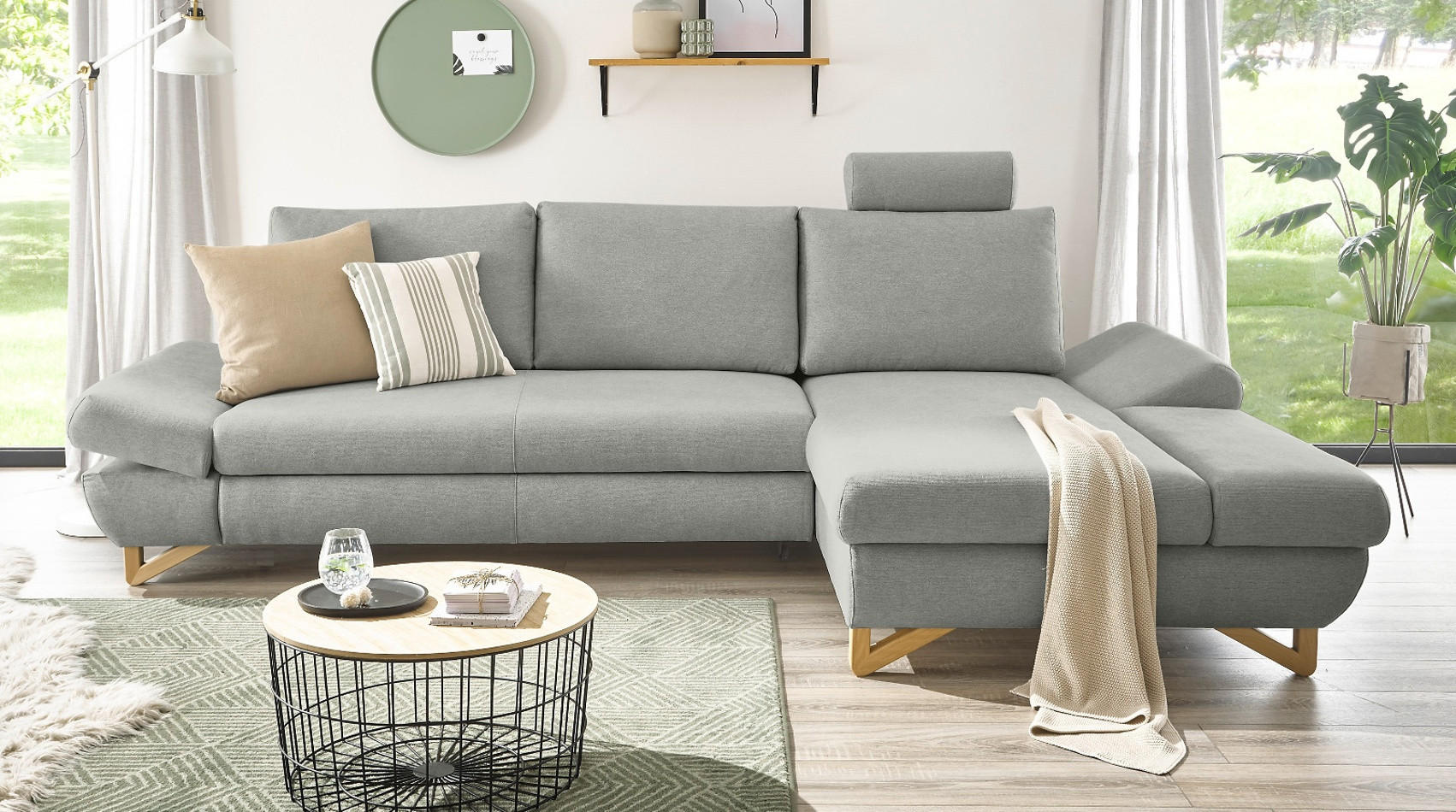 ECKSOFA hellgrau Velours, Wohnzimmer Sofa - Hellgrau, Holz/Textil (284/166cm) - Furn.Design