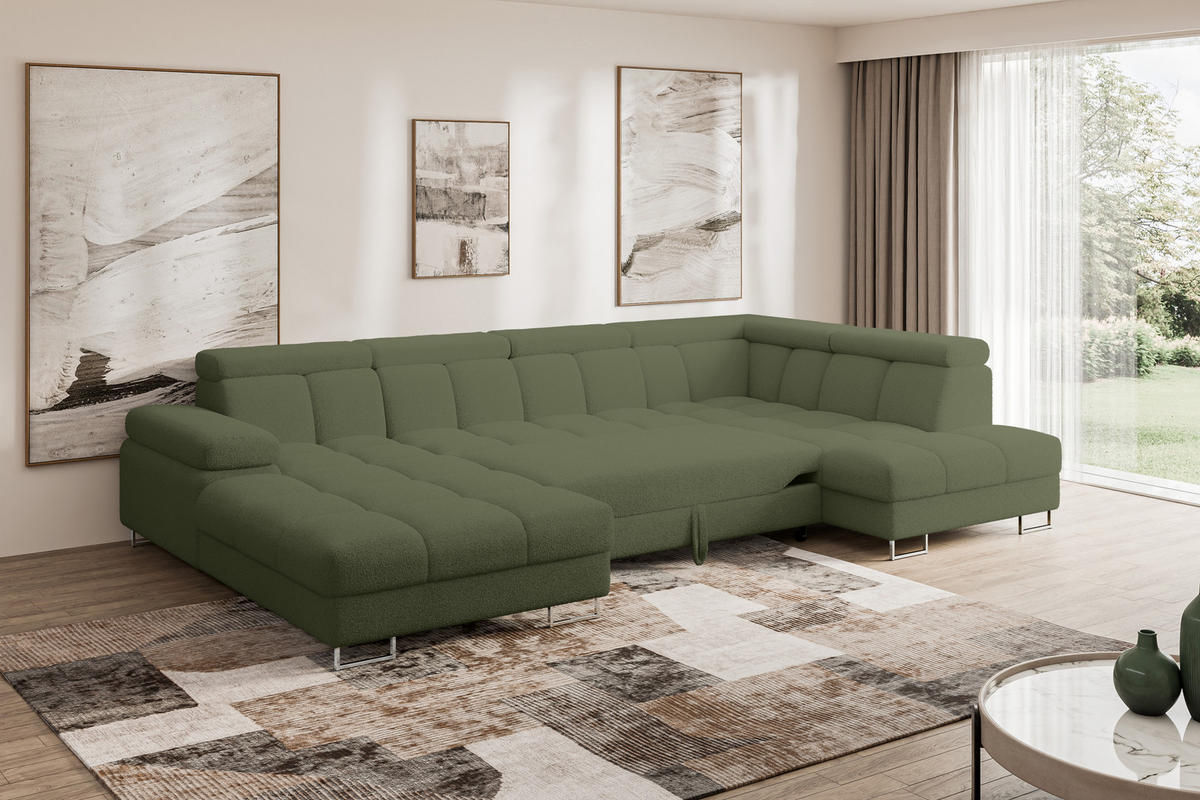 WOHNLANDSCHAFT mit Schlaffunktion und Bettkasten Ottomane RECHTS COMA U 345x203x79 Grün Bouclé - Smaragdgrün, Holzwerkstoff/Textil (203/79/345cm) - ALTDECOR