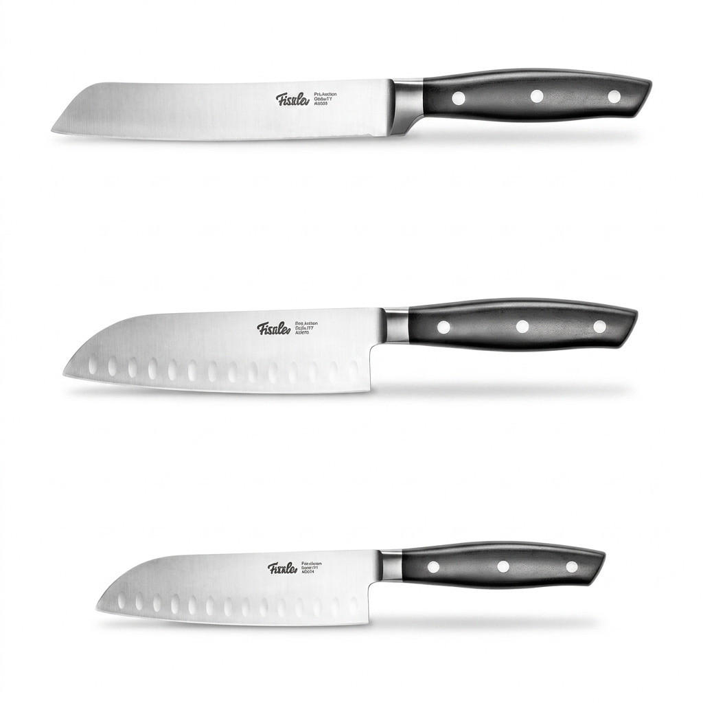 MESSERSET 3-tlg Schwarz, Edelstahl, Küchenmesser Set, Brotmesser, Santokumesser, Schneidemesser, Küchenzubehör, Profi Messer, Klingenstahl, Kochbedarf - Silberfarben/Schwarz, Kunststoff/Metall - Fissler