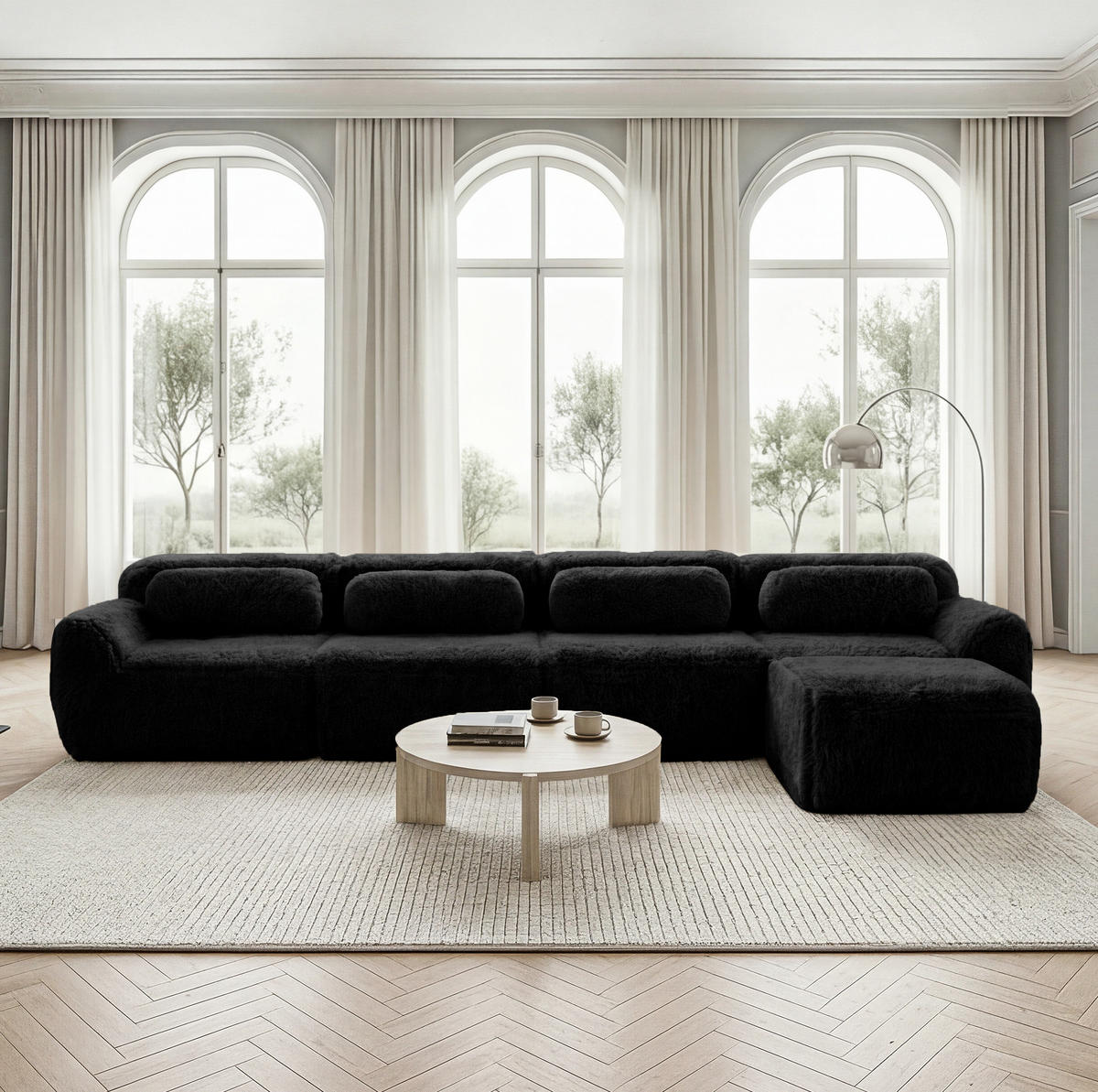 ECKSOFA 378/179/73 cm schwarz aus Plüsch modular und montagefrei - Schwarz, Textil (179/378cm) - OKWISH