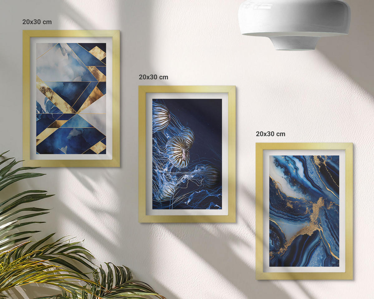 WANDBILDER 3er Set - 20x30 cm Goldrahmen - Abstrakte, elegante Muster - Goldfarben, Kunststoff (20/30cm) - ArtPrintCave