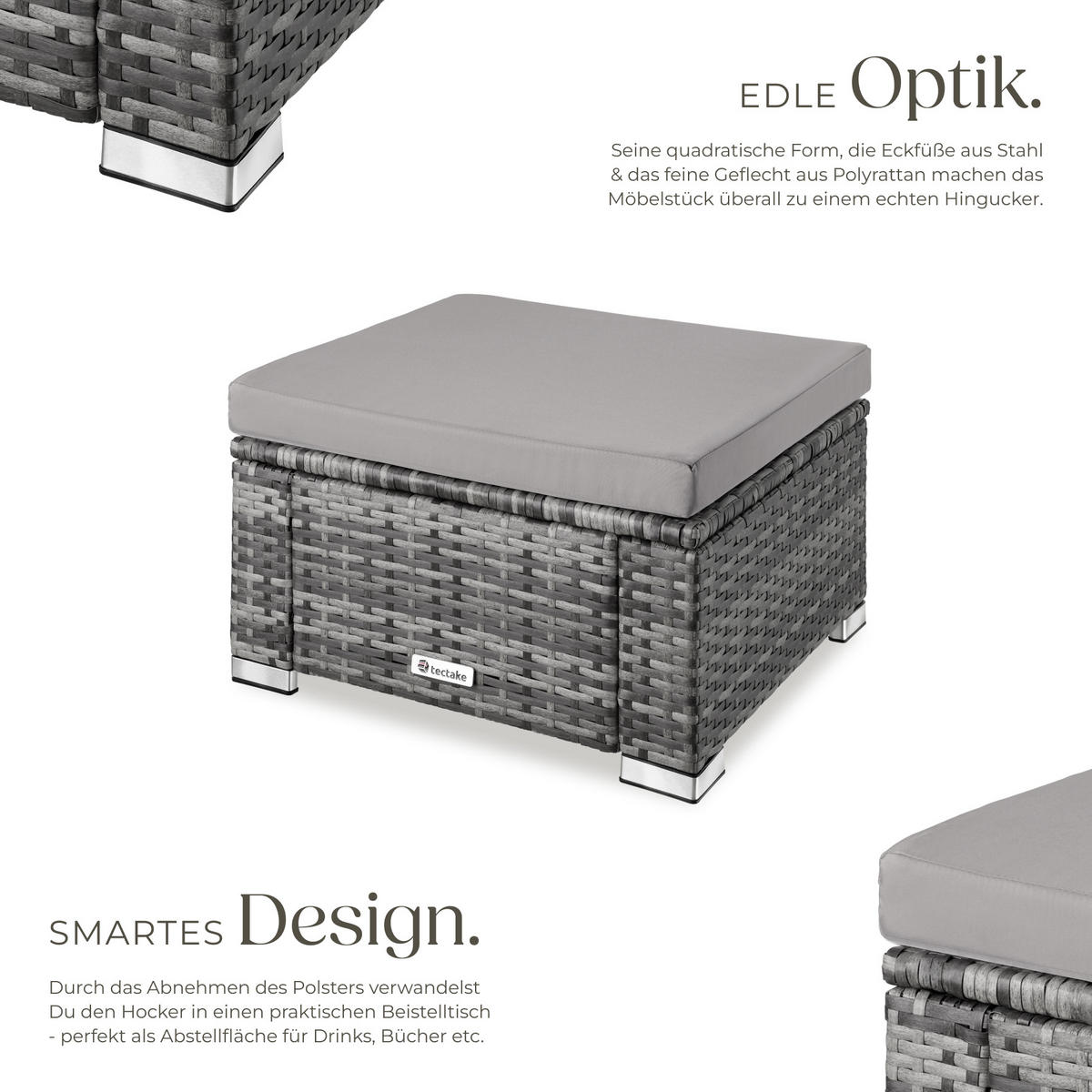 RATTAN-SITZHOCKER Bitonto,53 x 53 x 26 cm, grau - Grau, Kunststoff (53/26/53cm) - tectake