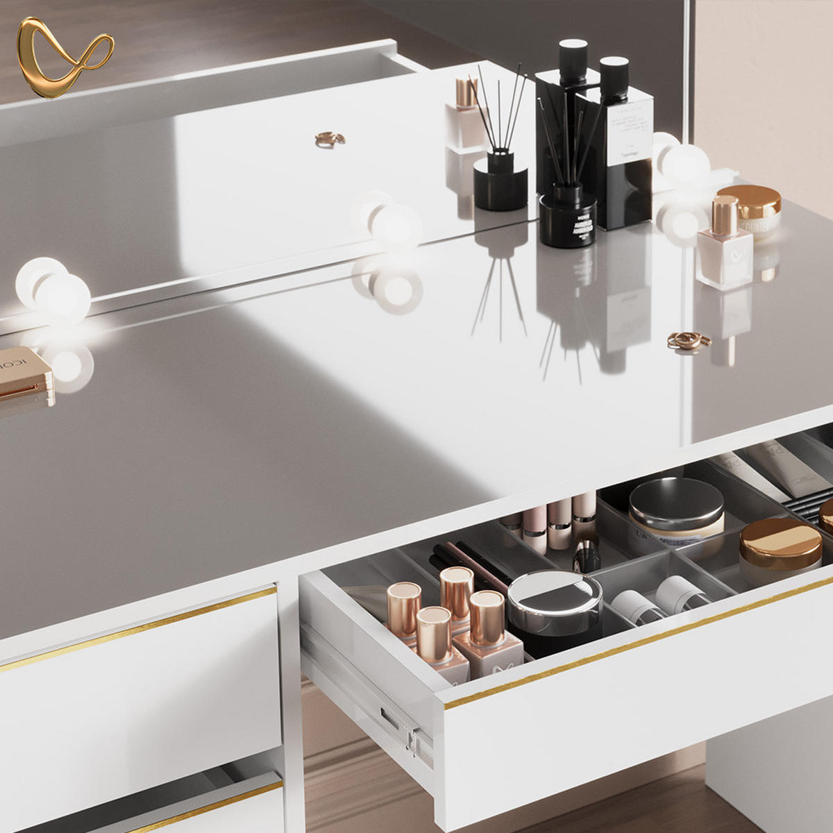 SCHMINKTISCH Imola Weiß/Gold 120 cm mit Hocker - Goldfarben/Weiß, Holzwerkstoff (120/75/55cm) - Livinity®