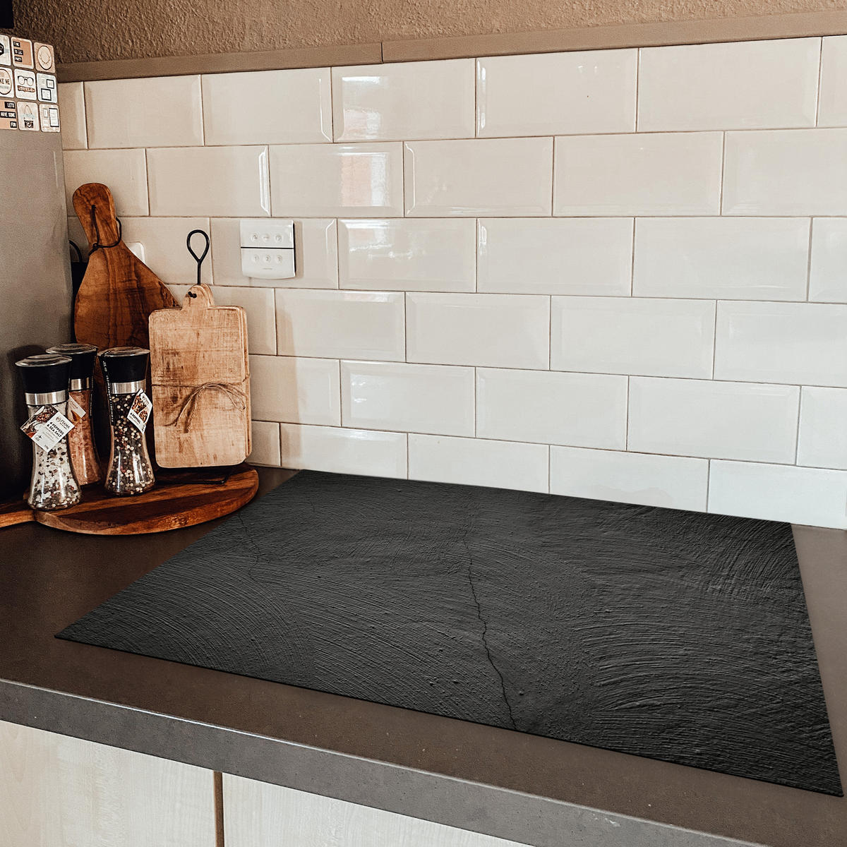 HERDABDECKPLATTE Beton - Schwarz - Industriell Herdabdeckung Induktionsfeld 75x52 cm - Anthrazit, Kunststoff (75/52/0.2cm) - MuchoWow
