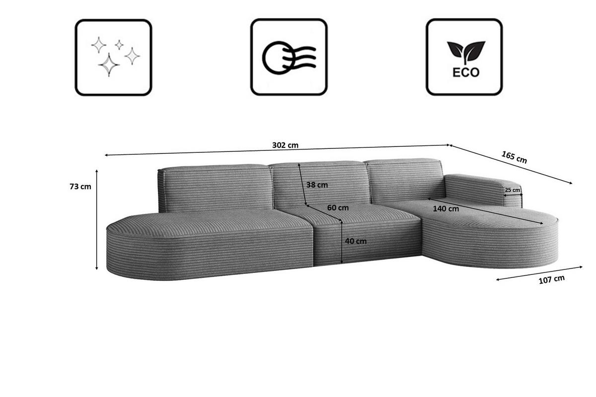 ECKSOFA Designer, Sofa L form MODENA 302 cm stoff Poso Grau Rechts - Grau, Holz (302/296cm) - Kaiser Möbel