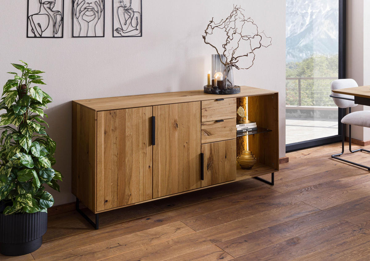 SIDEBOARD Wildeiche 160x43x79 natur geölt LINDAU #08 - Naturfarben, Holz (160/79/43cm) - Massivmoebel24